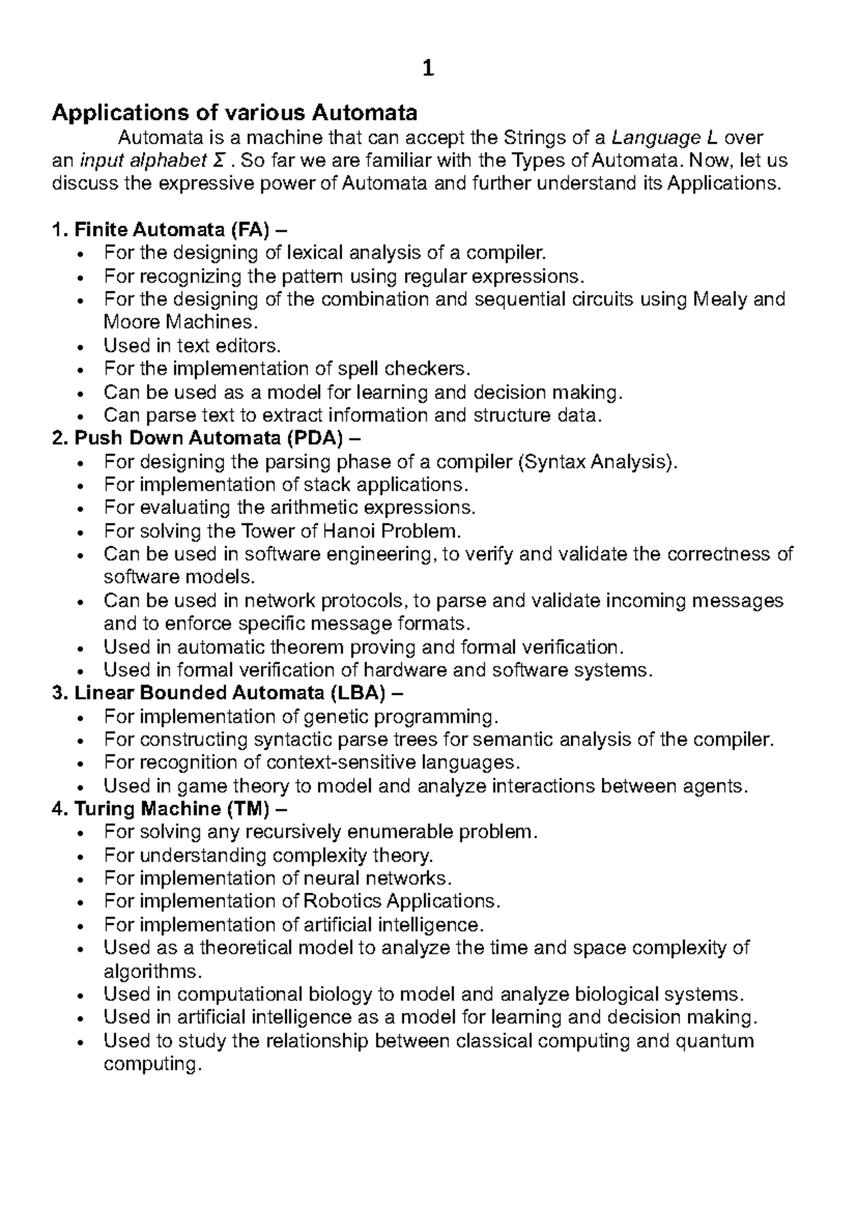 Automata - Applications of various Automata Automata is a machine that ...