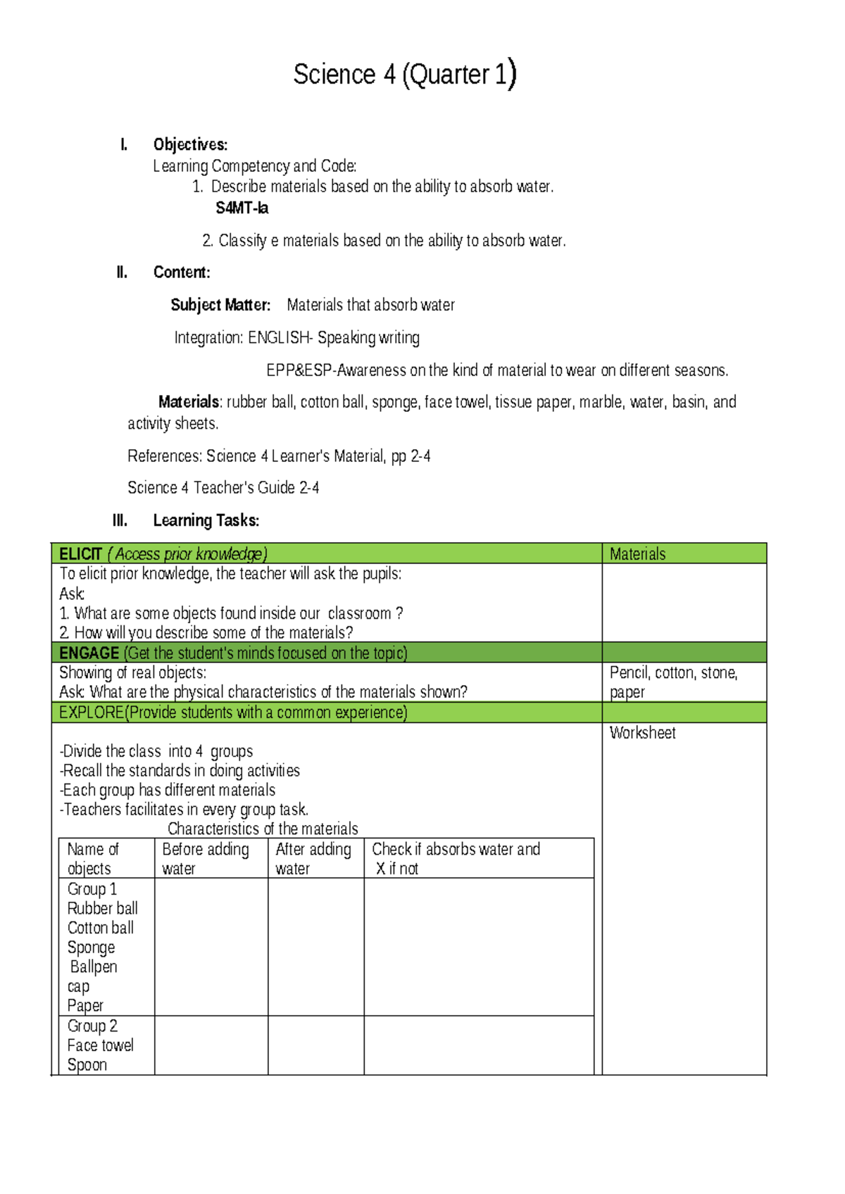 Science 4 (Quarter 1) - Materials That Absorb Water: A Study Guide - Studocu