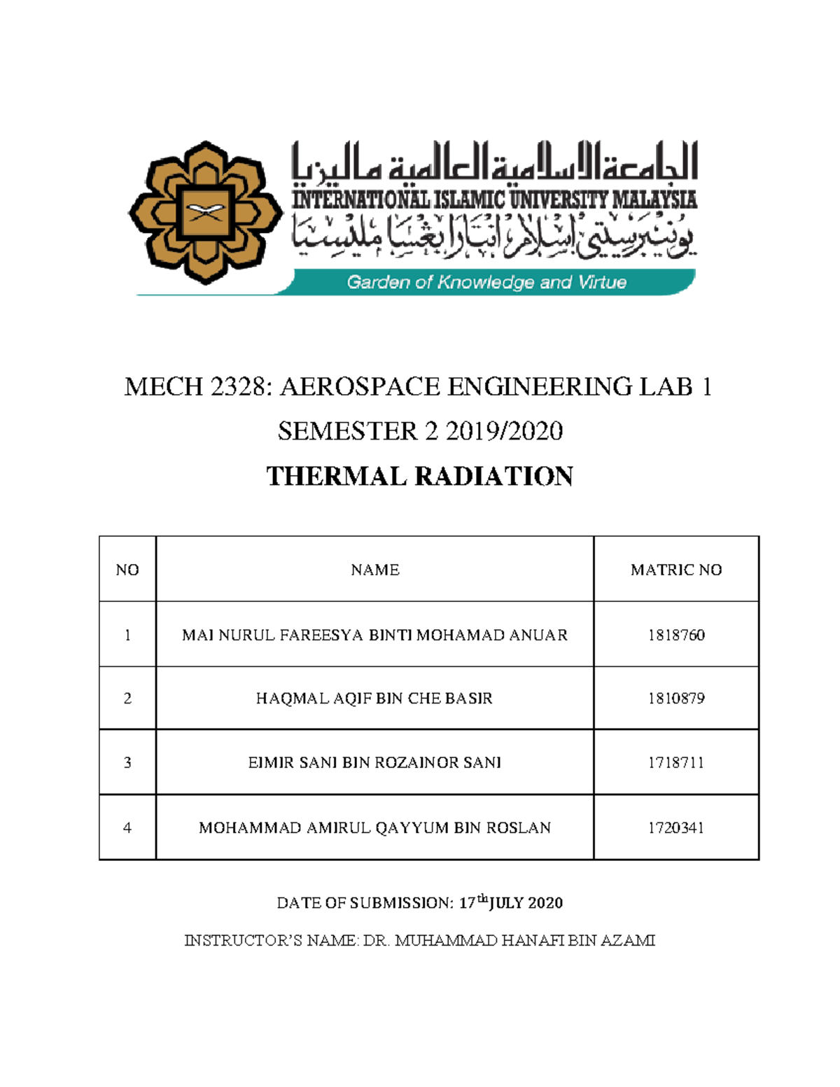 Thermal Radiation report - MECH 2328: AEROSPACE ENGINEERING LAB 1 ...