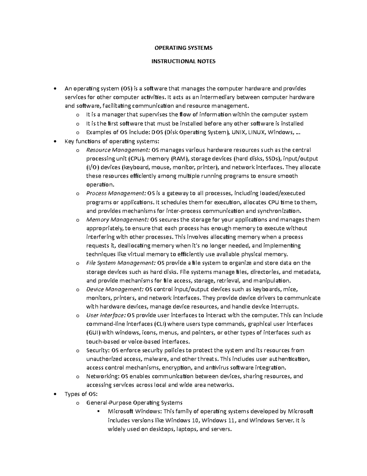 CIT 315 - Operating Systems Instructional Notes Overview - Studocu