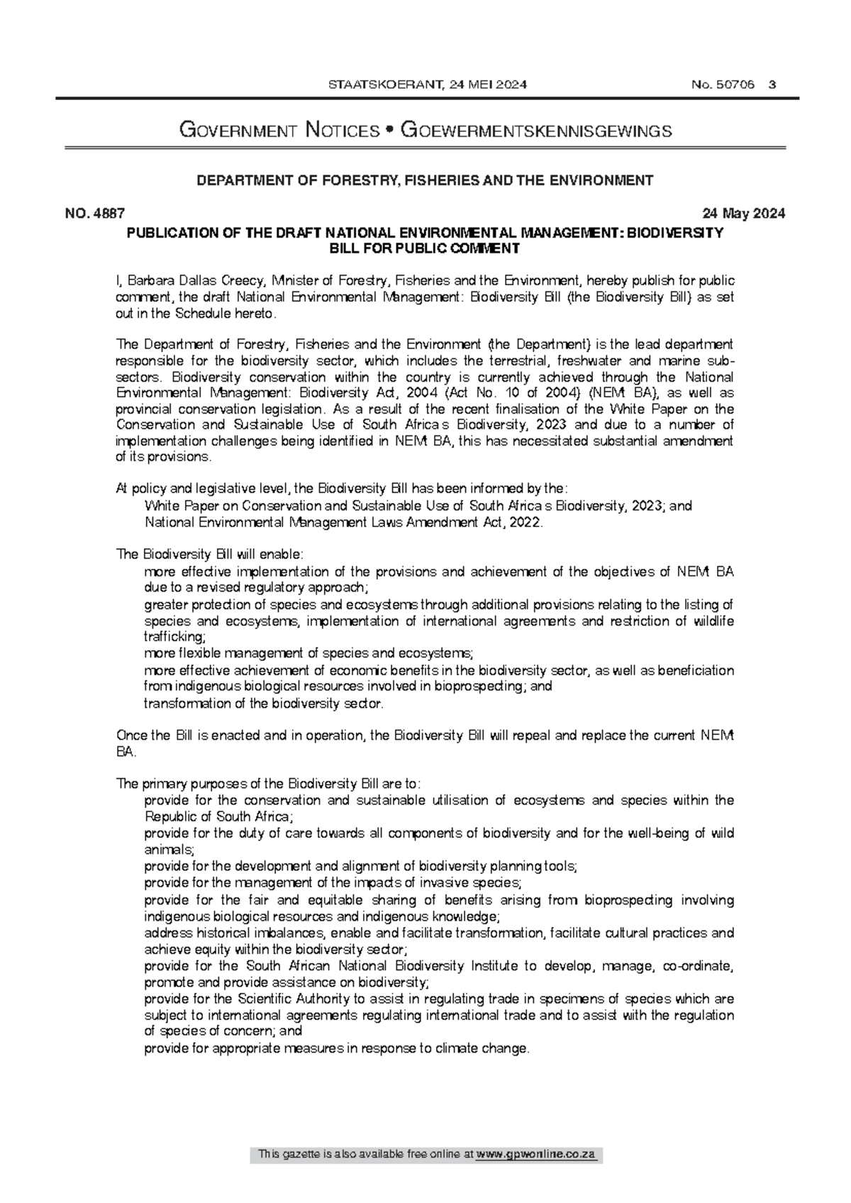 Draft National Environmental Management: Biodiversity Bill 2024 ...