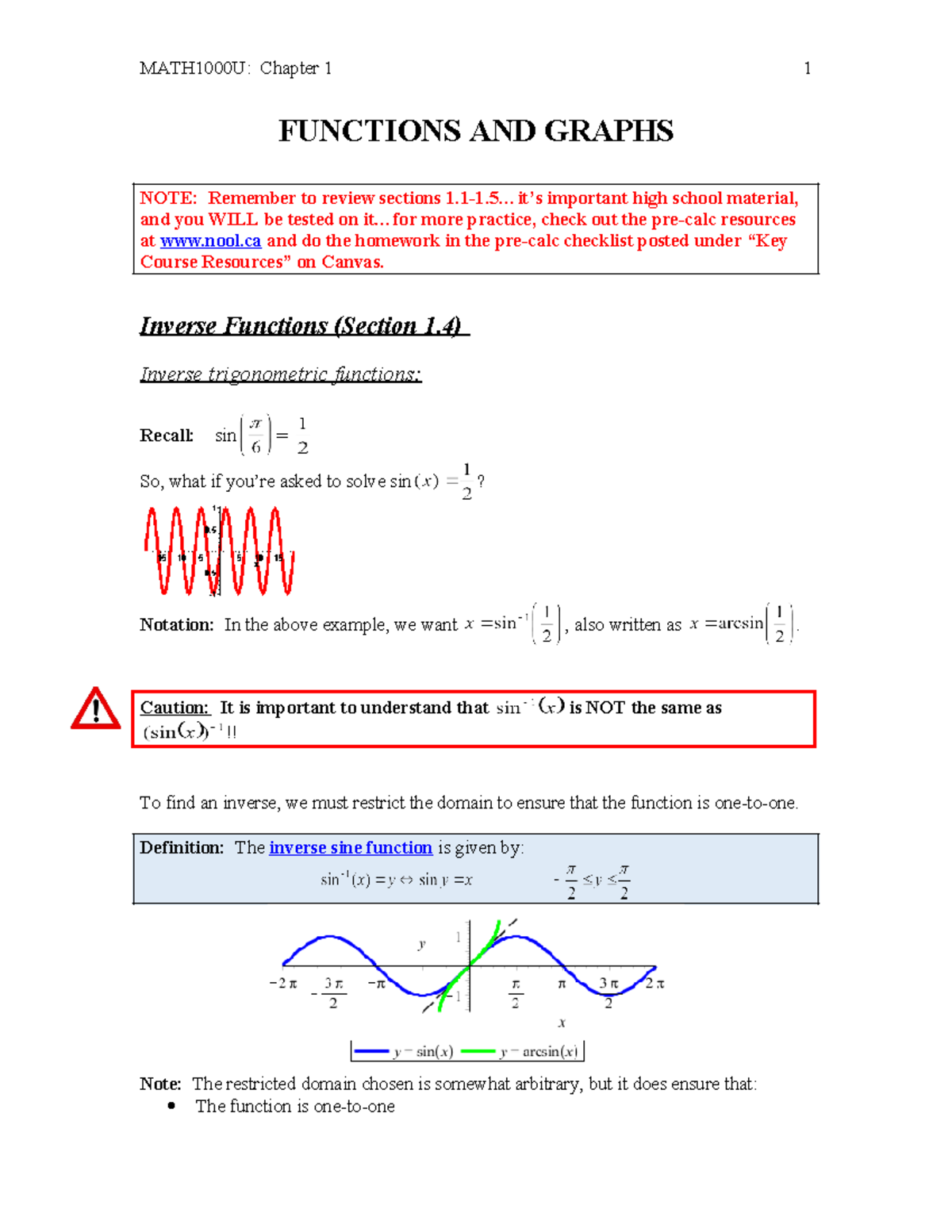 MATH1000U: Inverse Functions Summary for Chapter 1 - Studocu