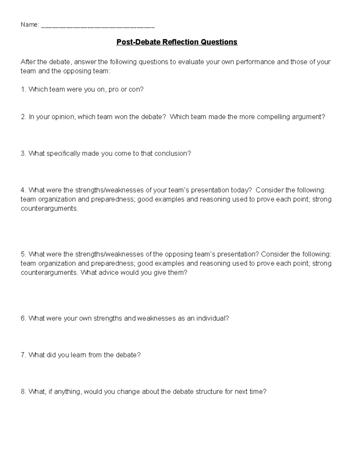 Debate Reflection Questions: Performance Evaluation & Insights - Studocu