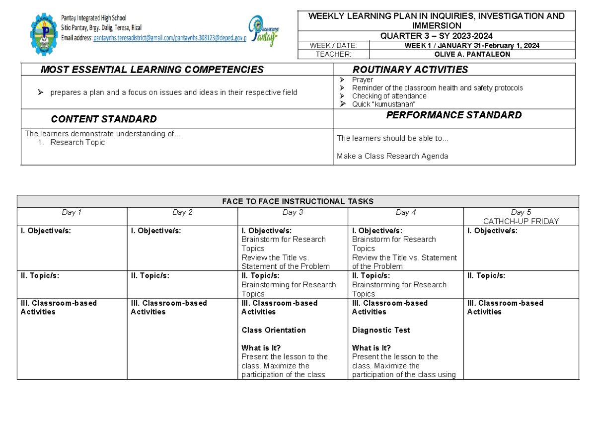 3I S WEEK 1 - Sample Lesson Plan for Inquiries & Immersion 2023 - Studocu