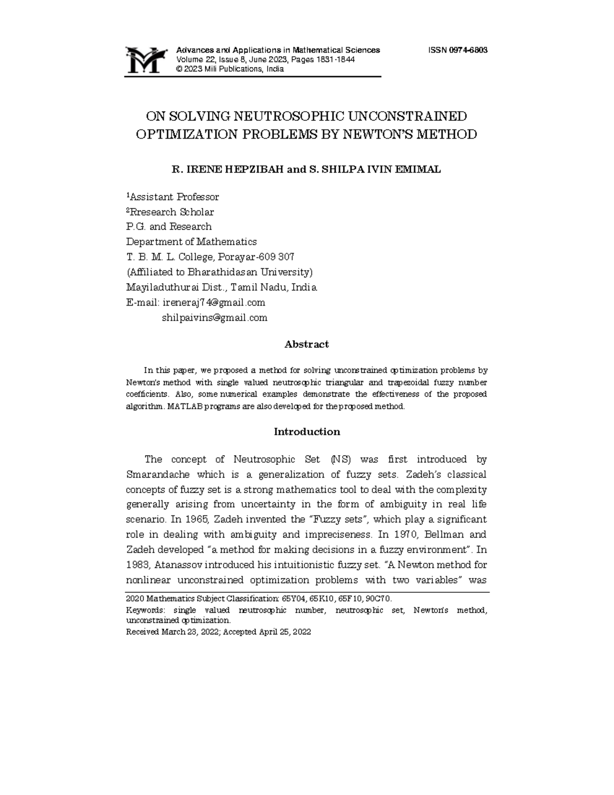 AAMS 22(8) June 2023: Solving Neutrosophic Unconstrained Optimization ...