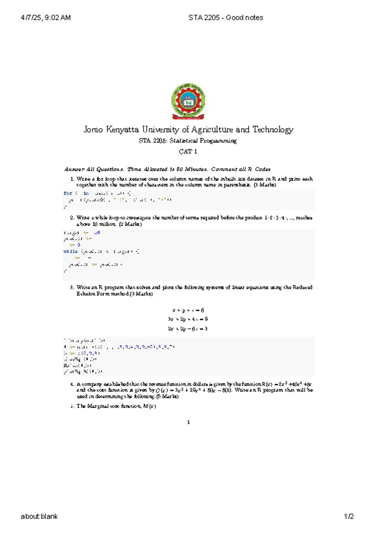 STA 2205: Statistical Programming CAT 1 Practice Material and Solutions ...