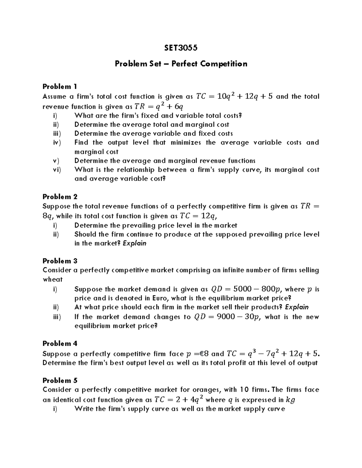 SET3055 Problem Set: Perfect Competition Analysis and Solutions ...