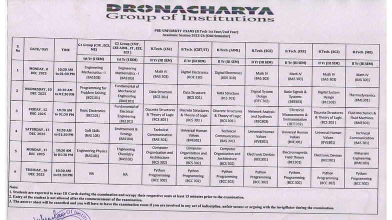 DRONACHARYA Group of Institutions B.Tech 1st Year Exam Schedule (Odd ...