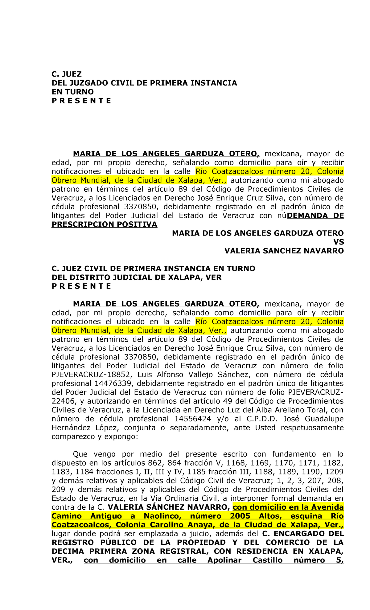 Demanda de Prescripción Positiva en Mala Fe - C. Juez Civil Xalapa ...