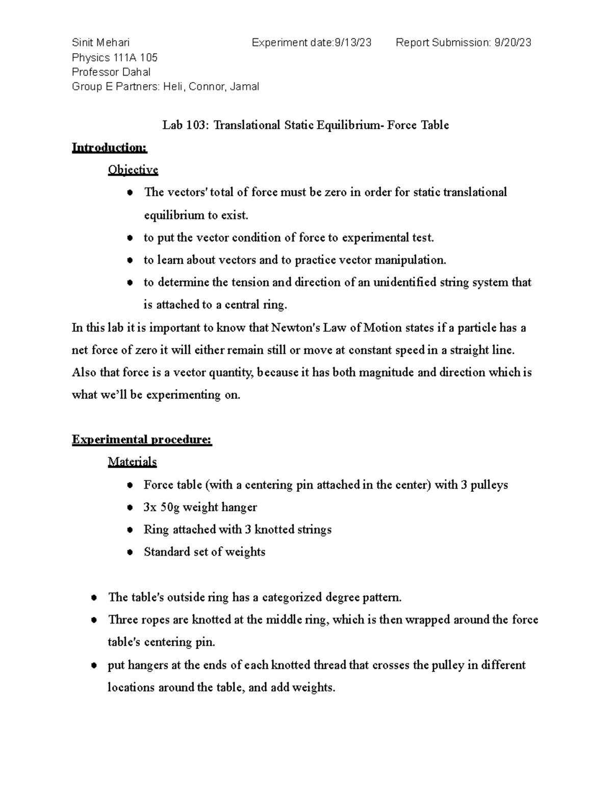 PHYS 111A - Force Table Lab Report on Static Equilibrium - Studocu