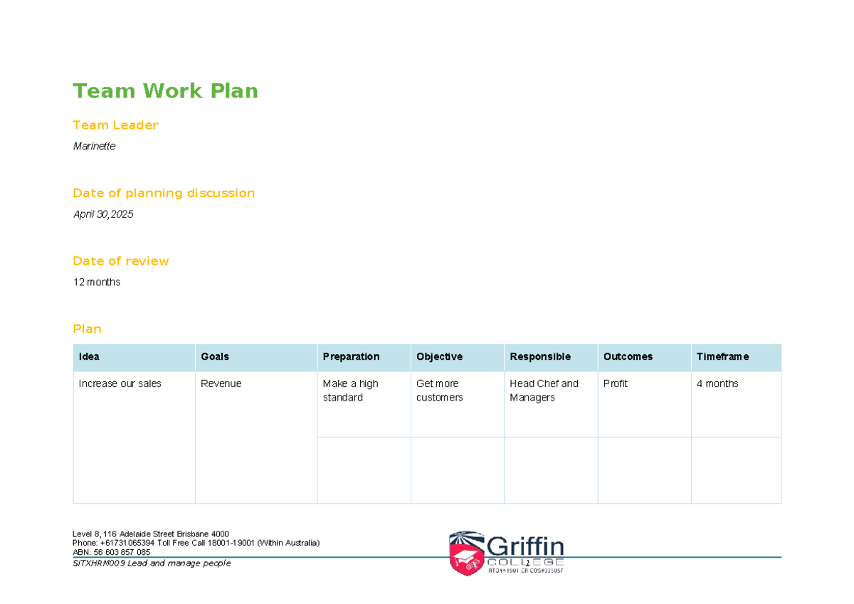 SITXHRM009 Team Work Plan Template by Marinette Jandusay - Studocu