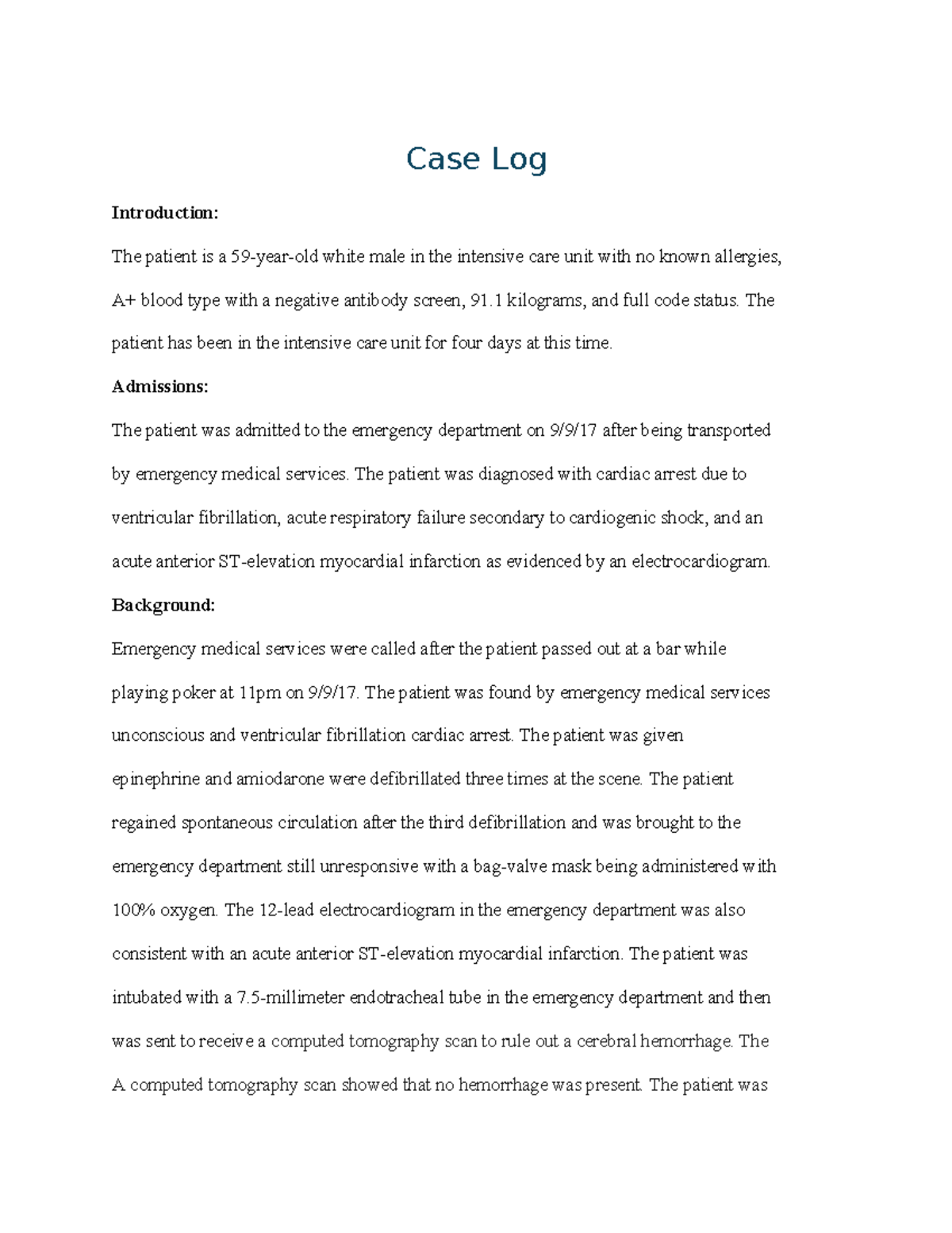 Case Log: ICU Patient Management and Interventions (NURS 101) - Studocu