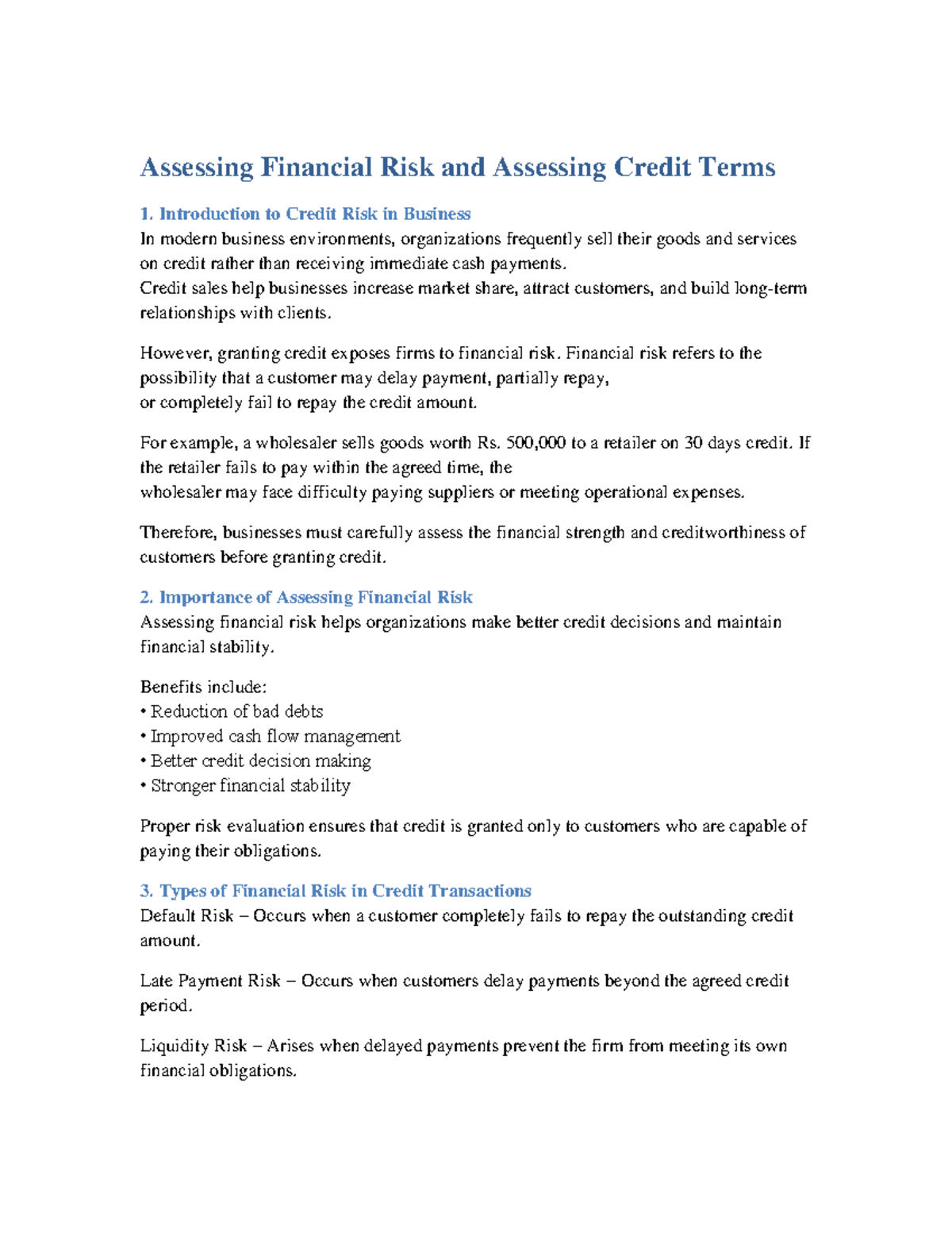 Credit Management Lecture Notes: Assessing Financial Risk and Credit ...