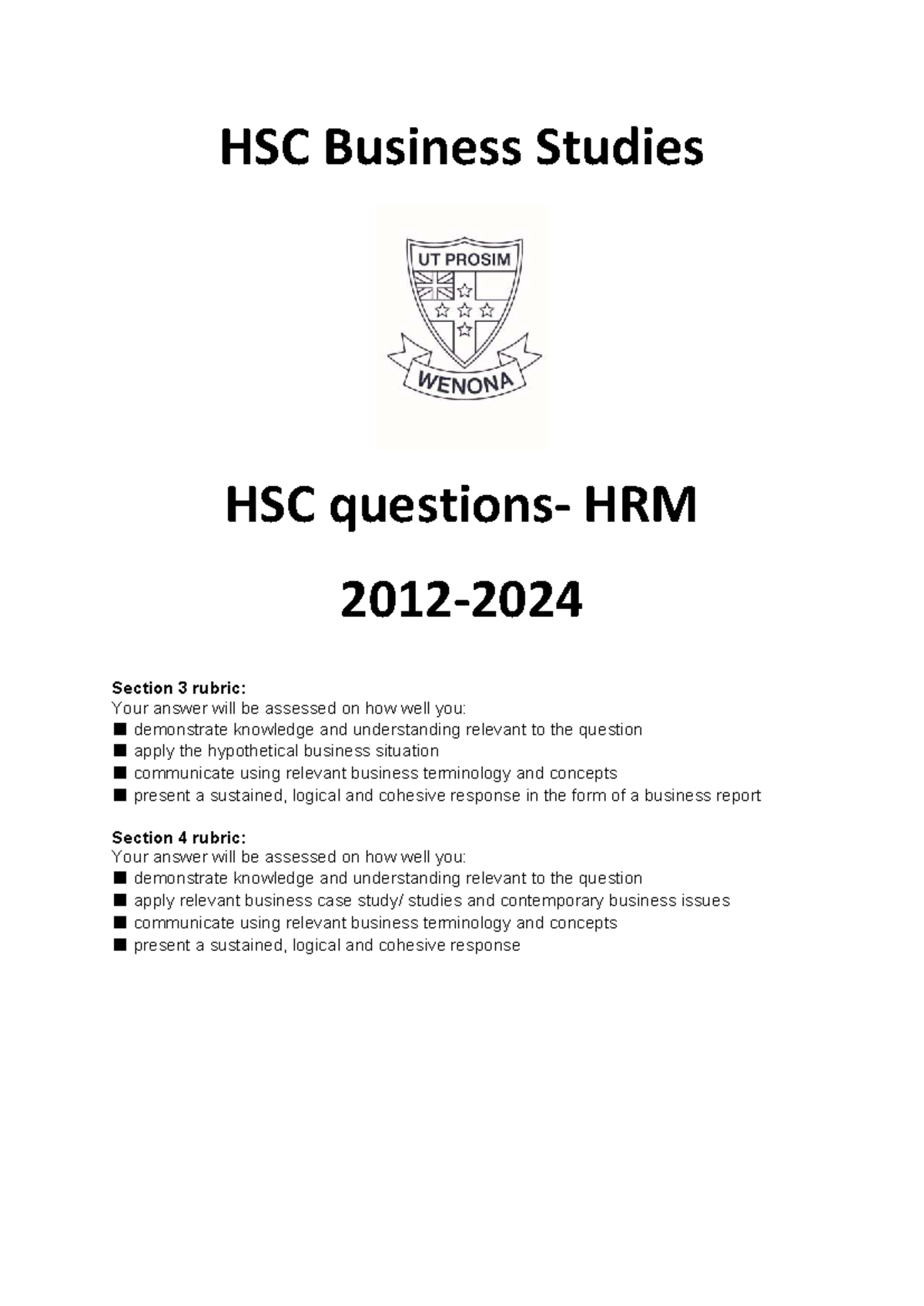HSC Business Studies HRM Exam Questions 2012-2024 - Studocu