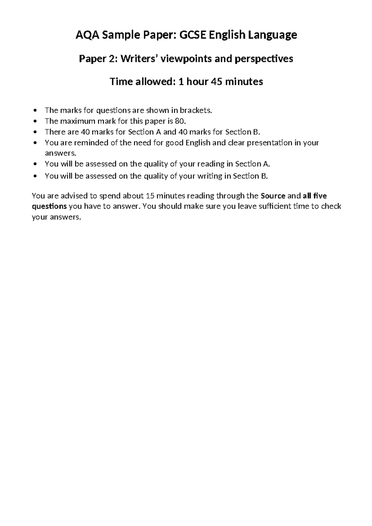 AQA GCSE English Language Sample Paper 2: Writers' Viewpoints ...