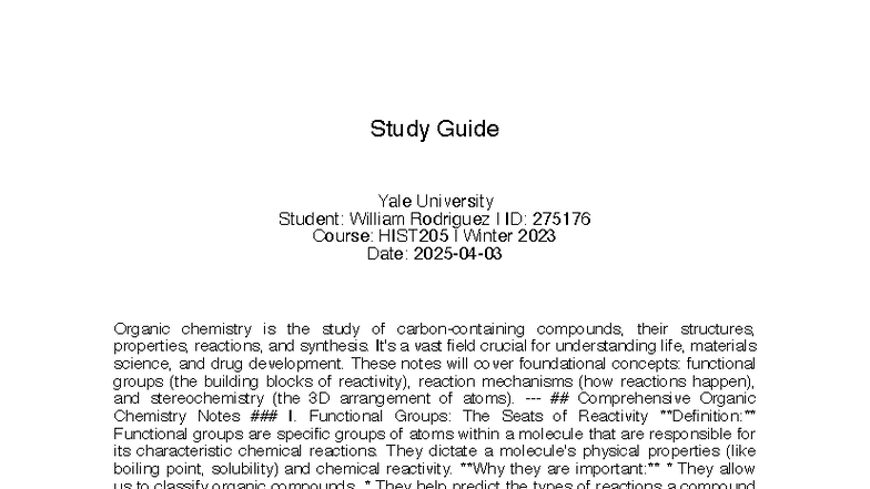 HIST205 Winter 2023: Comprehensive Organic Chemistry Study Guide - Studocu