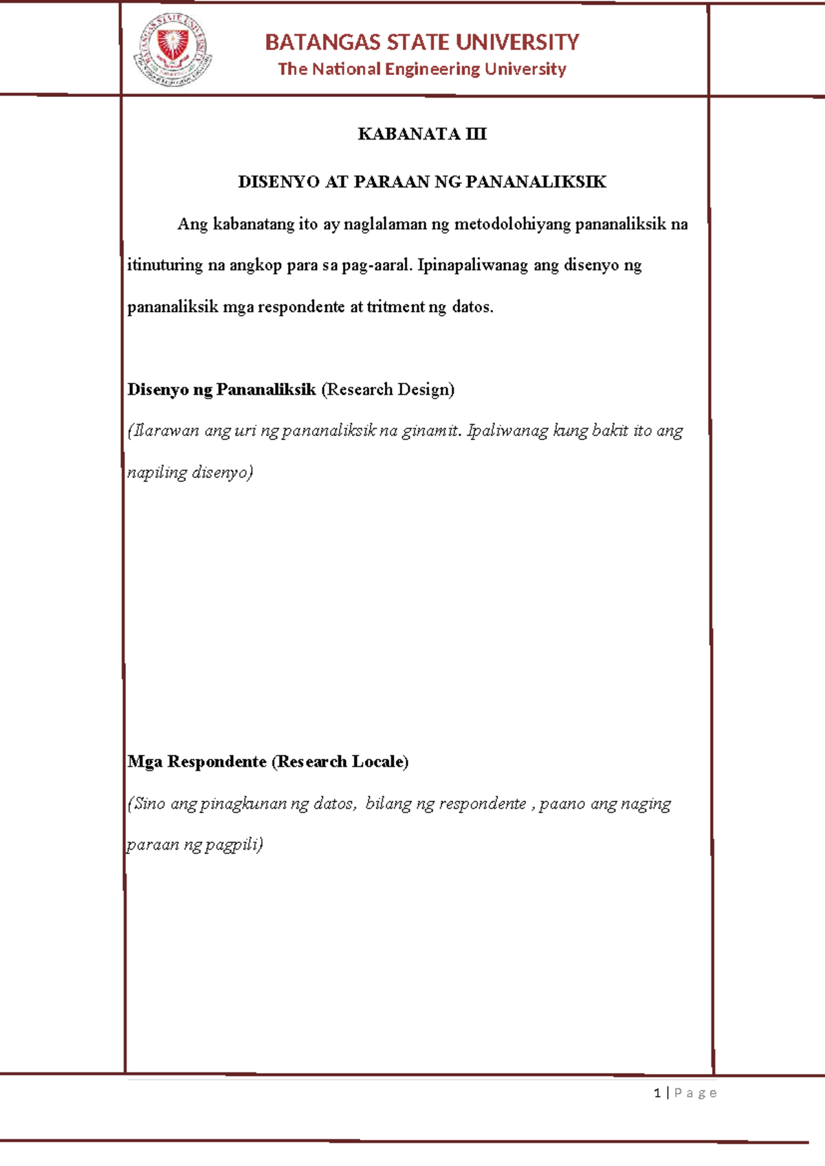 Reseach Paper Template Kabanata III - BATANGAS STATE UNIVERSITY The ...