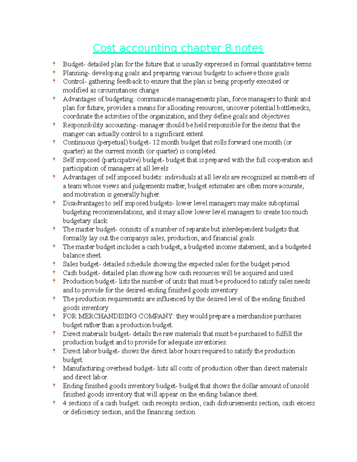 Chapter 8 budgeting notes - Cost accounting chapter 8 notes Budget ...