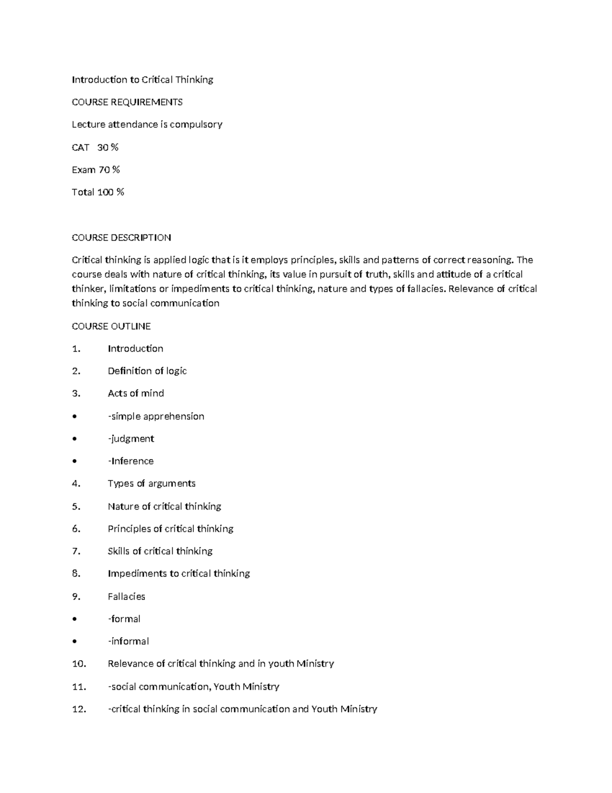 Critical Thinking Course Overview (CT 101): Key Concepts and Skills ...