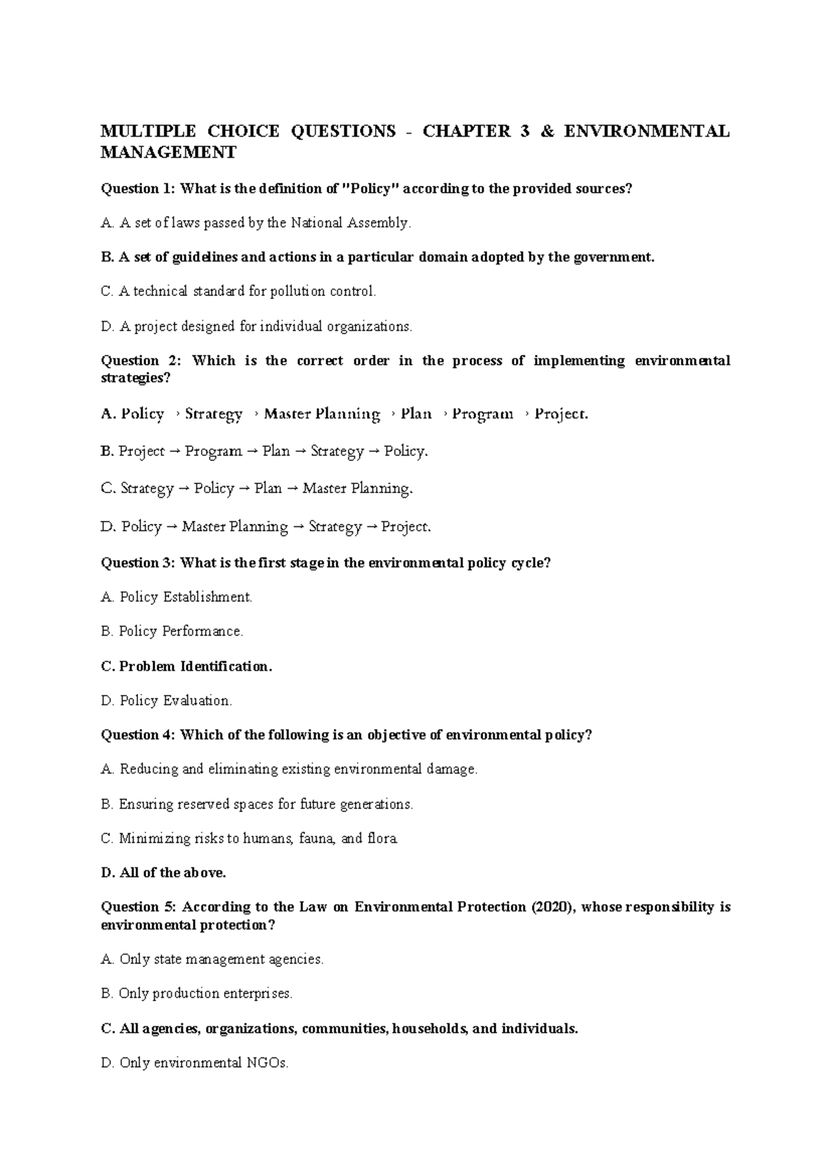 MULTIPLE CHOICE QUESTIONS CHAPTER 3 ENVIRONMENTAL MANAGEMENT (Group 08 ...