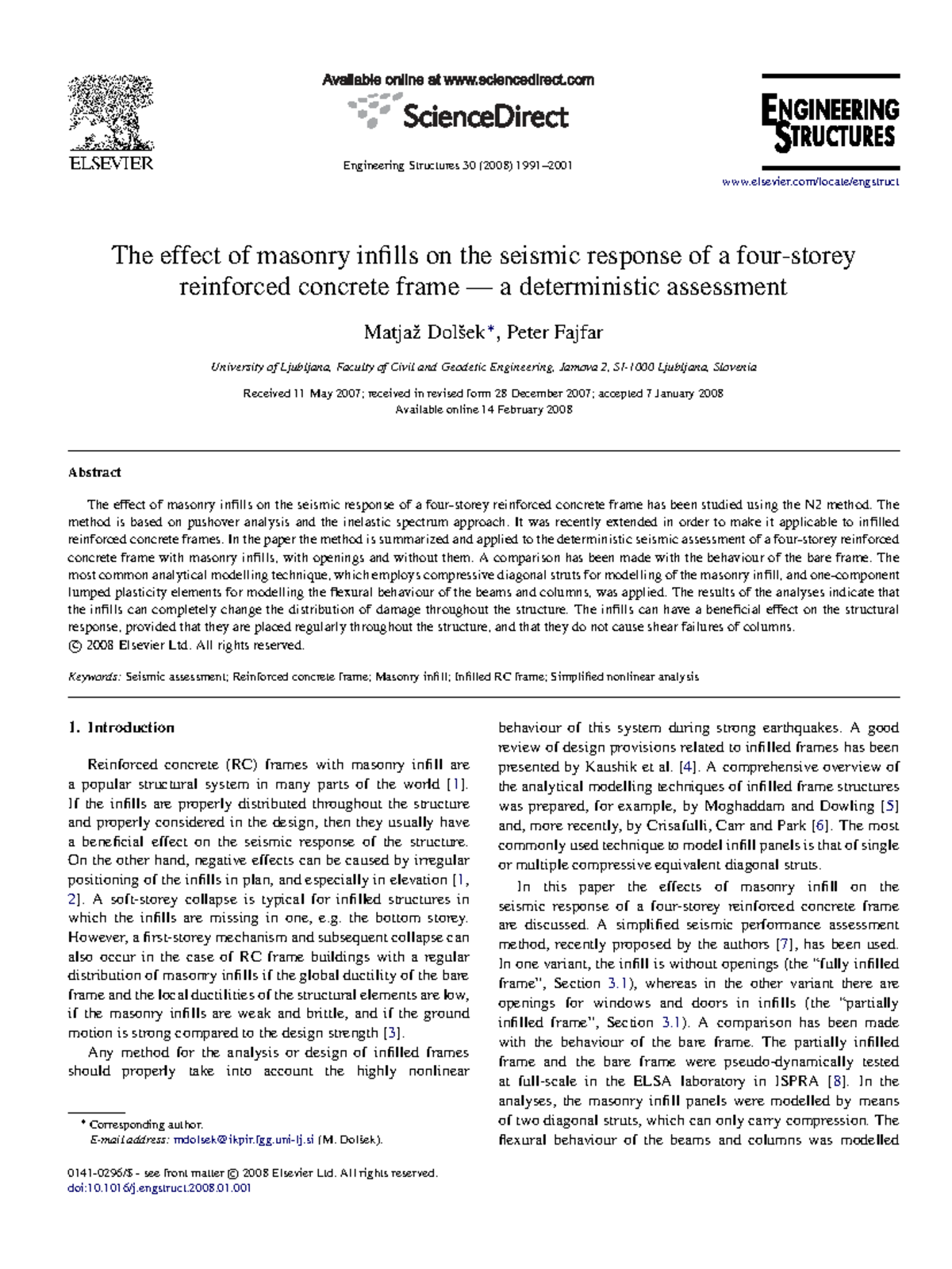 Seismic Response of RC Frames with Masonry Infill: A Deterministic ...