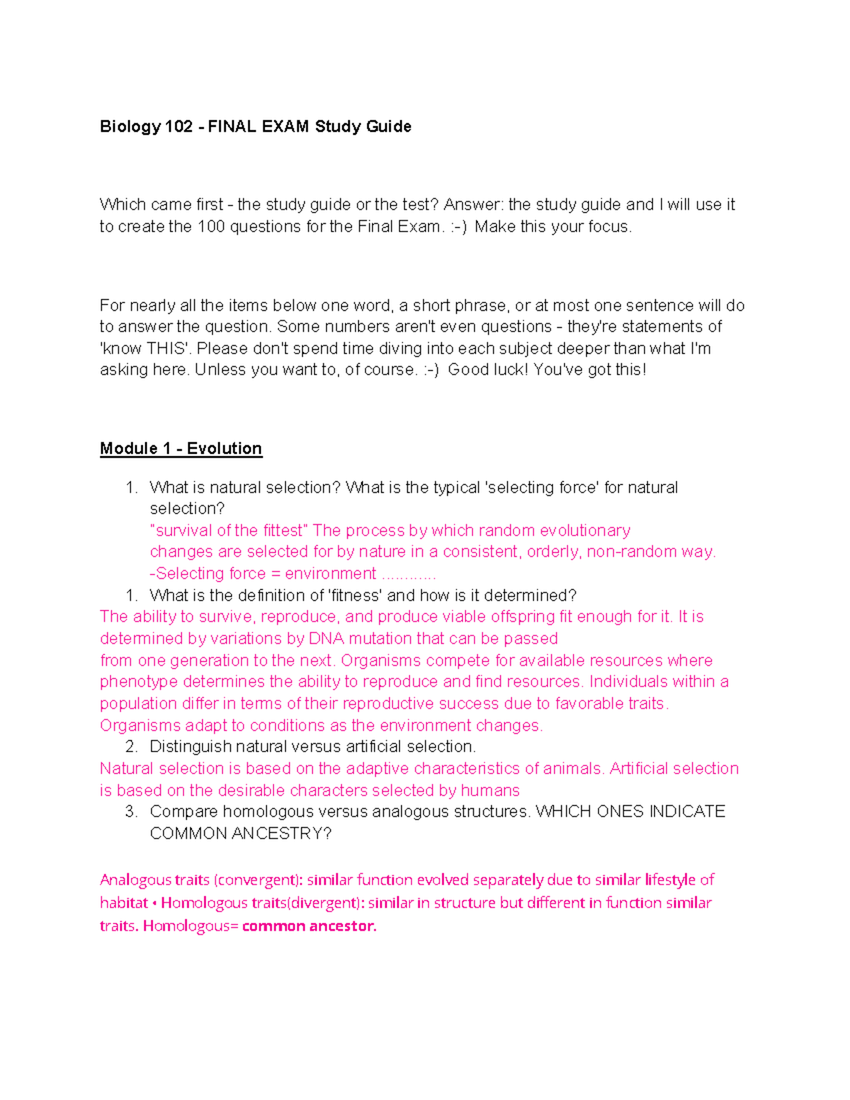 Biology 102 - Final Exam Study Guide for Modules 1-5 Concepts - Studocu