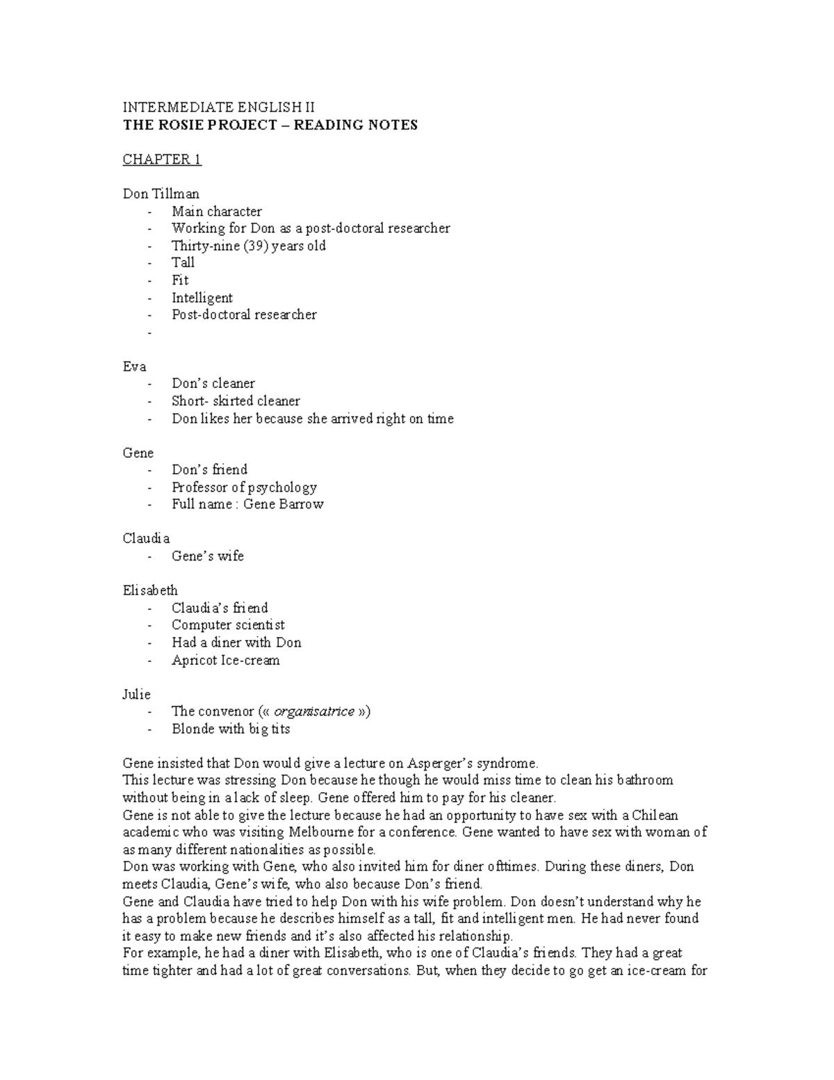 Notes de Lecture: Résumé du Projet Rosie - Anglais Intermédiaire II ...