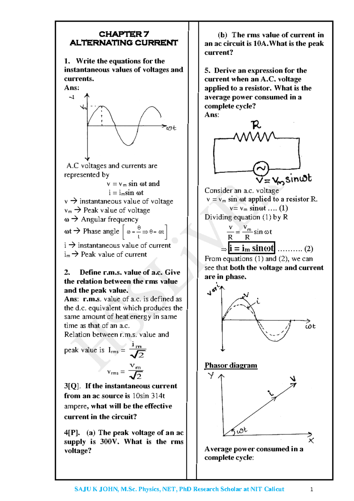 Chapter 7- Alternating Current - CHAPTER 7 ALTERNATING CURRENT Write ...