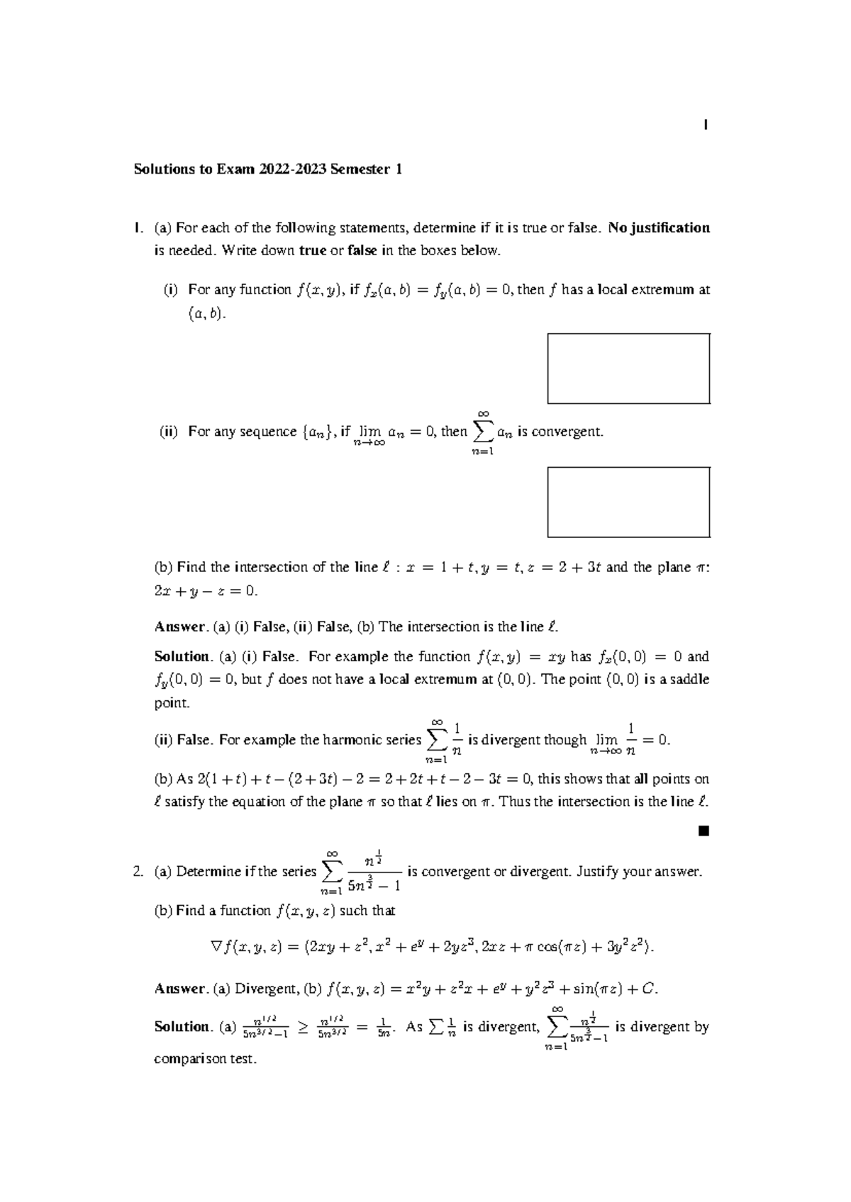 Solution Exam 2022 23 S1 - Solutions to Exam 2022-2023 Semester 1 1. (a ...