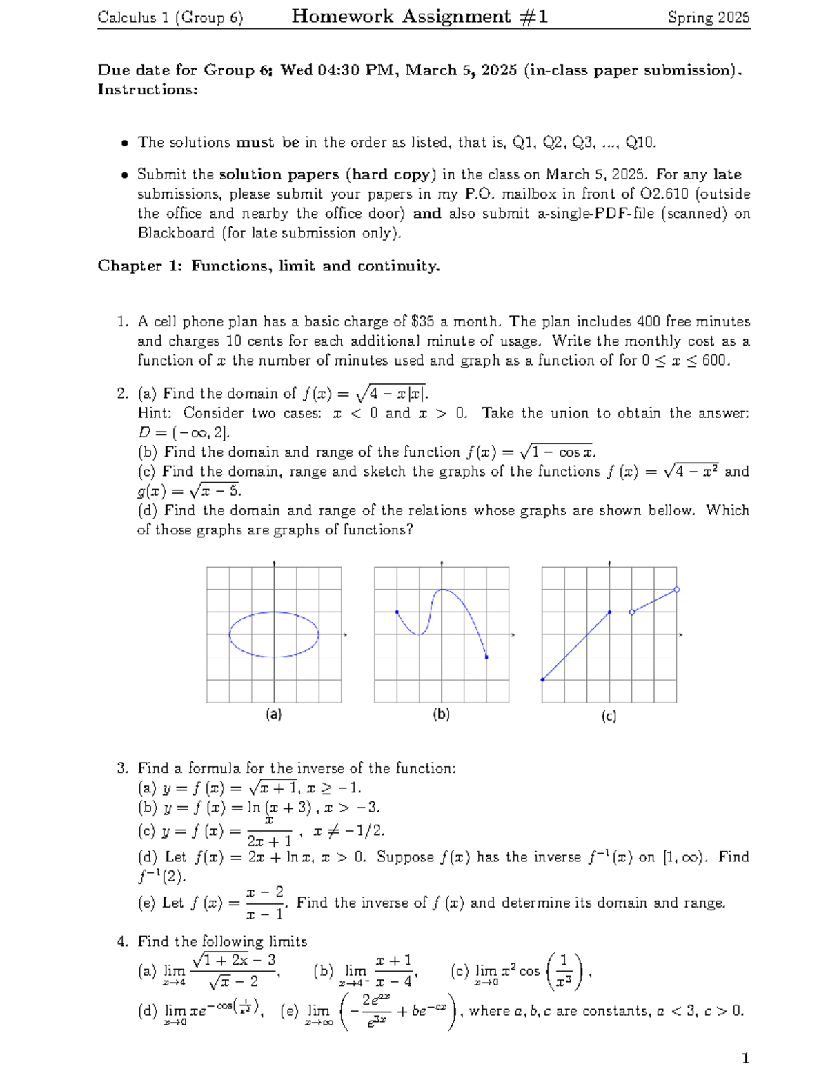 HW Assignment 1 Calculus 1 Group 6 Due Wed March 5 - Calculus 1 (Group ...