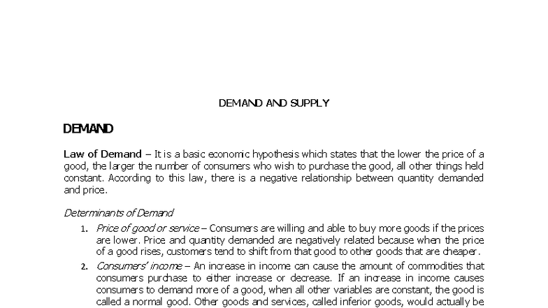ECON 351 Lesson 2 - Demand and Supply Analysis - Studocu