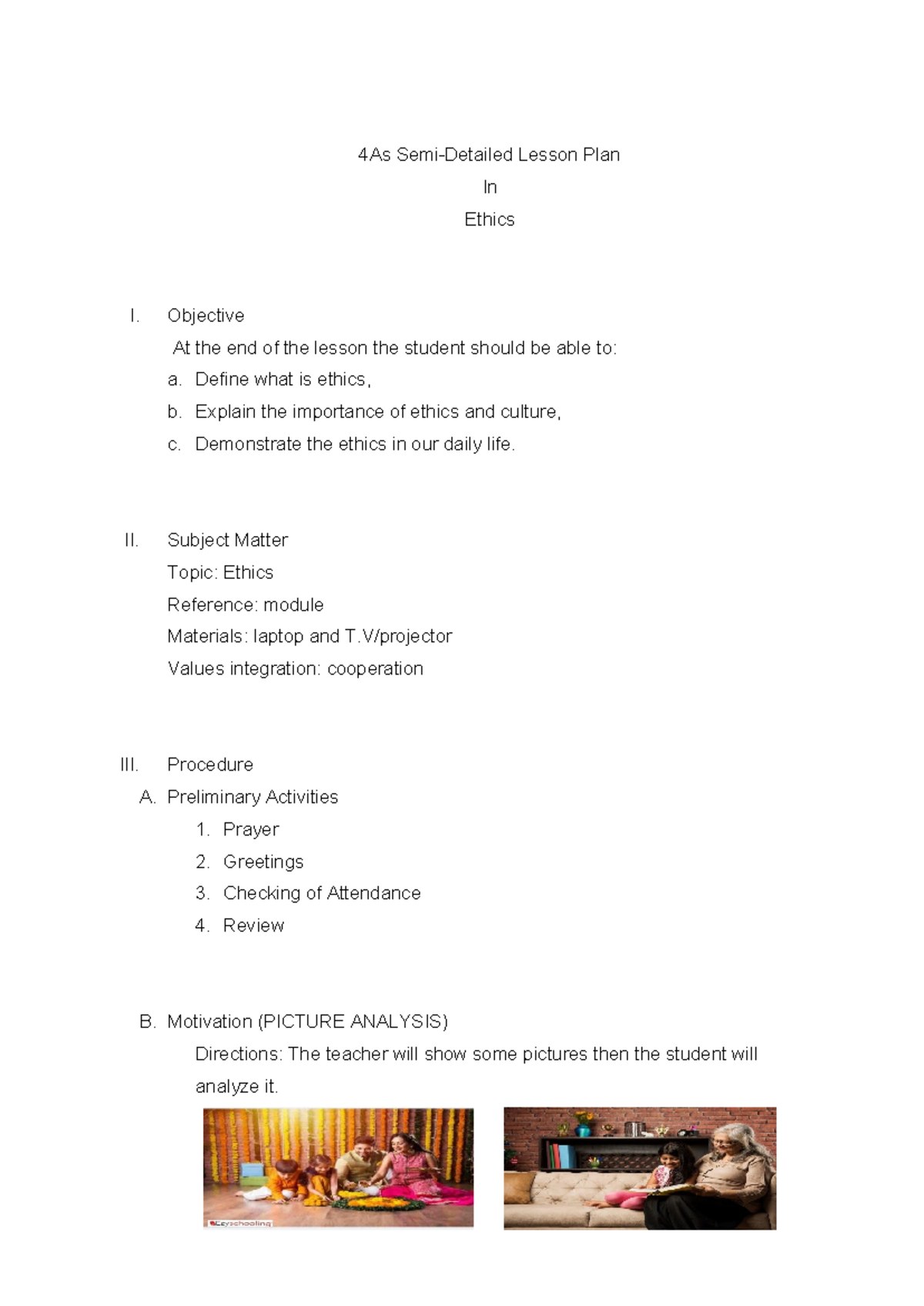 4As Lesson Plan in Ethics I: Understanding Ethics and Its Importance ...