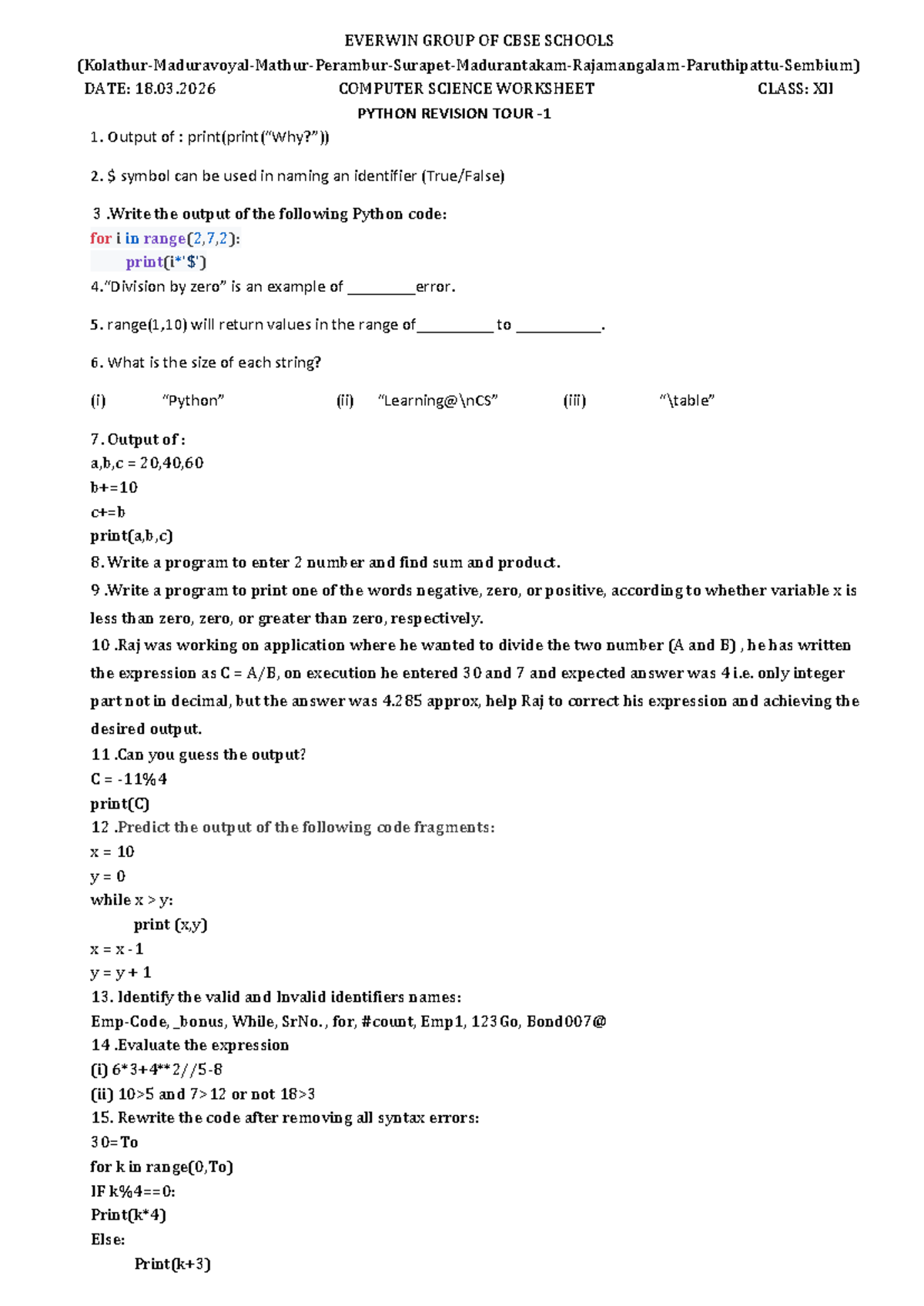 XII CS Worksheet 18: Python Revision Tour and Exercises - Studocu