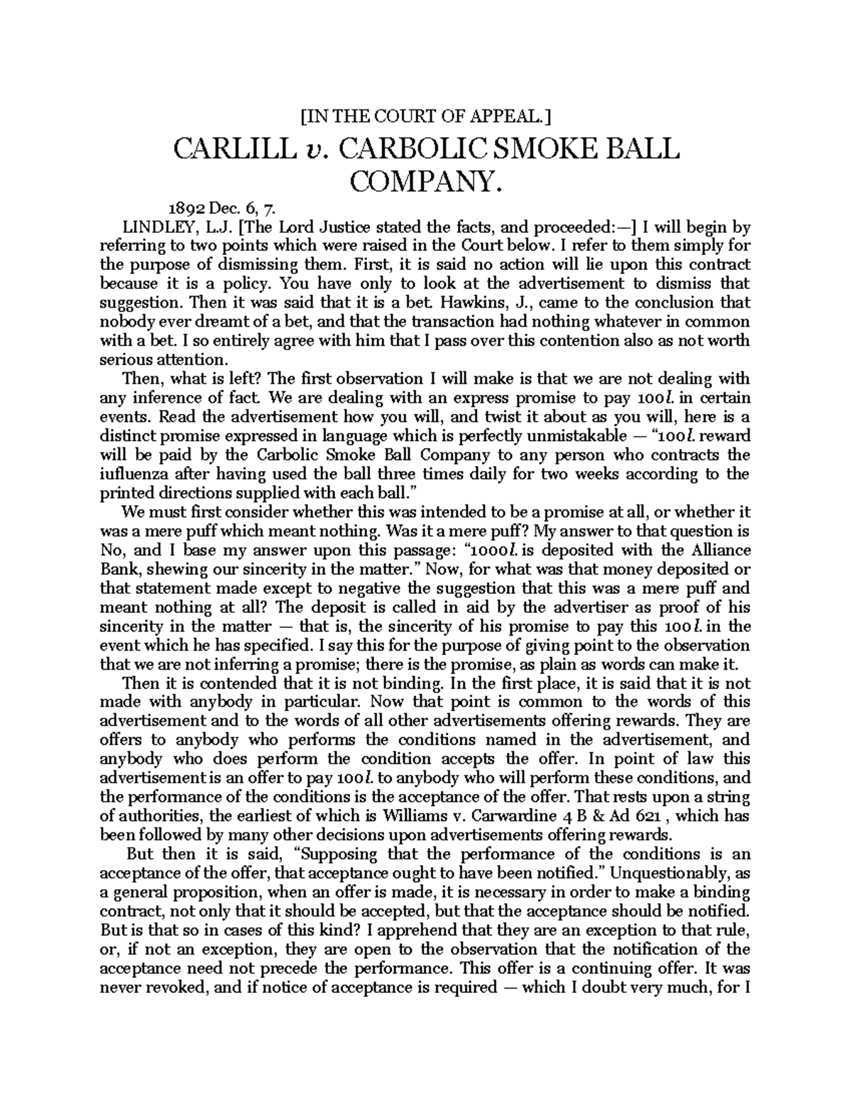 Carlill v. Carbolic Smoke Ball Co: Legal Analysis & Implications - Studocu
