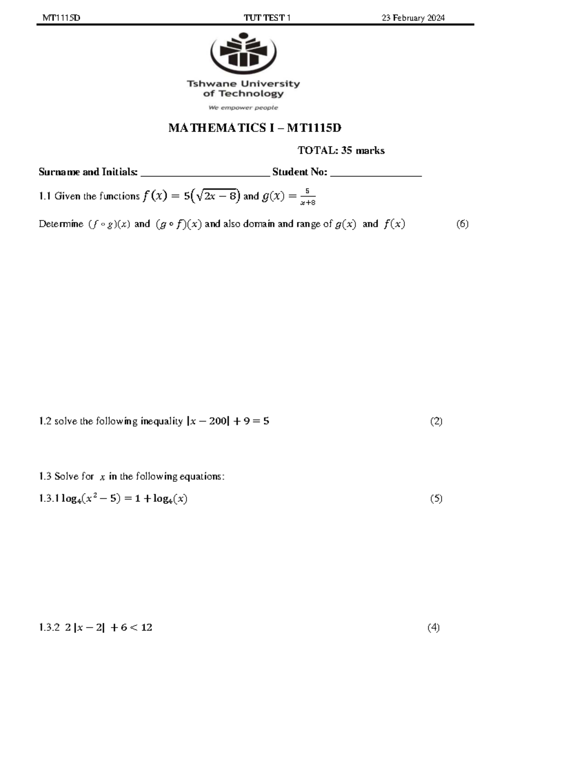 Tut test 1 mathematics I notes for February 2024 - Studocu