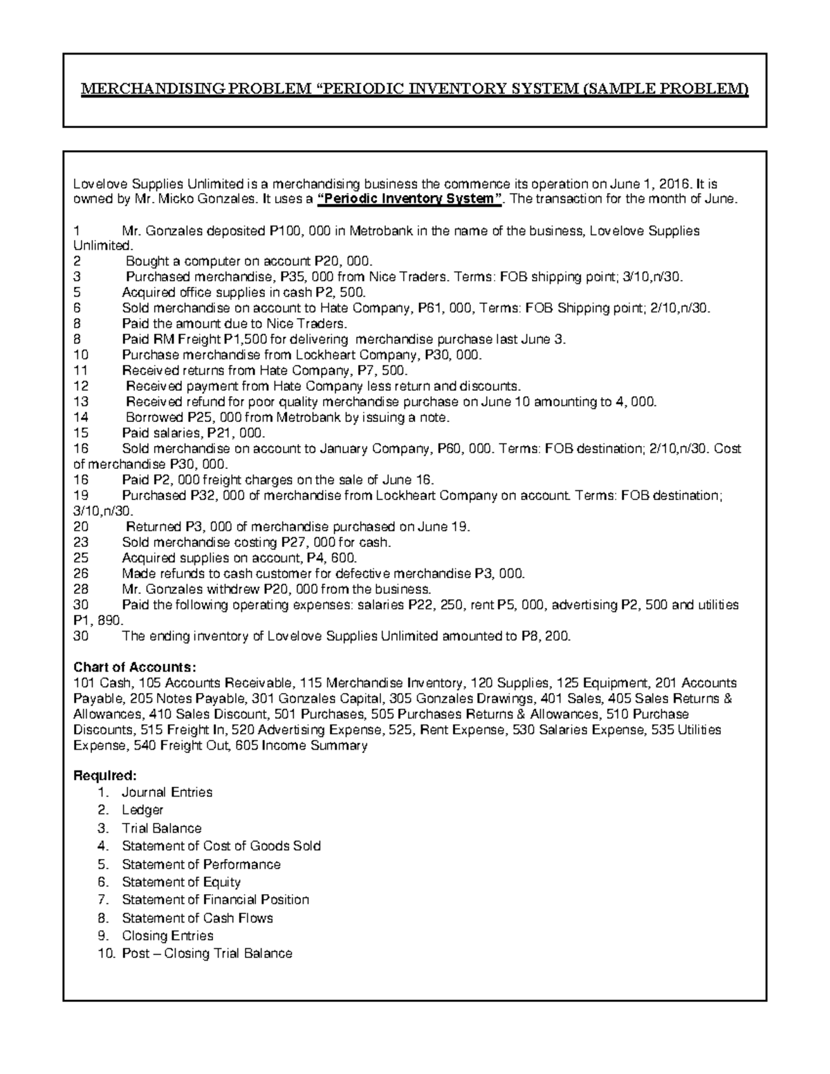 Merchandising Problem: Periodic Inventory System Sample - June 2016 ...