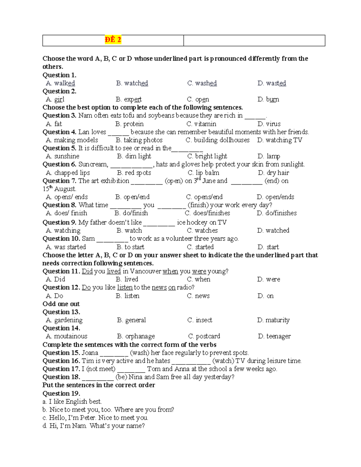 ĐỀ 2: Pronunciation and Grammar Practice Questions for English Class ...