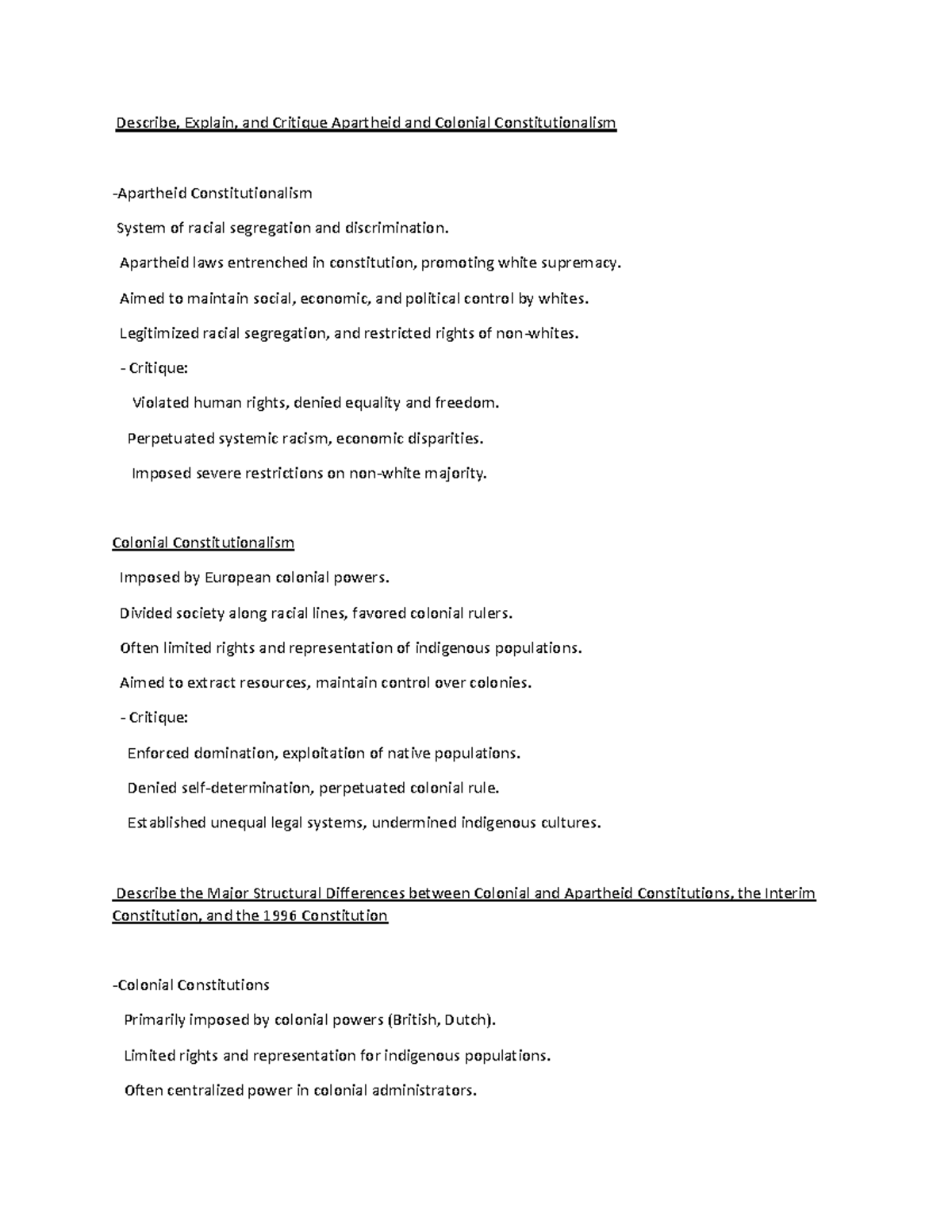 Con law notes - Describe, Explain, and Critique Apartheid and Colonial ...