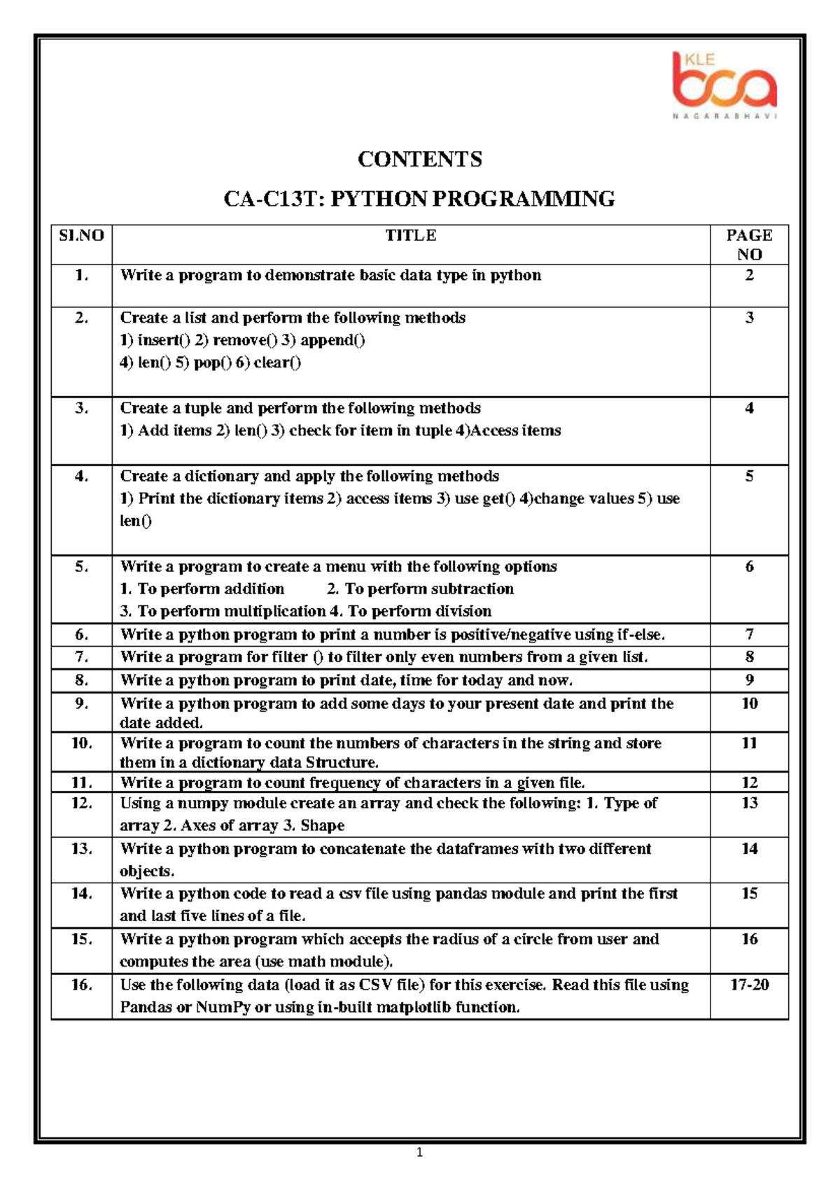 Lab Manual Python - CONTENTS CA-C13T: PYTHON PROGRAMMING SI TITLE PAGE ...