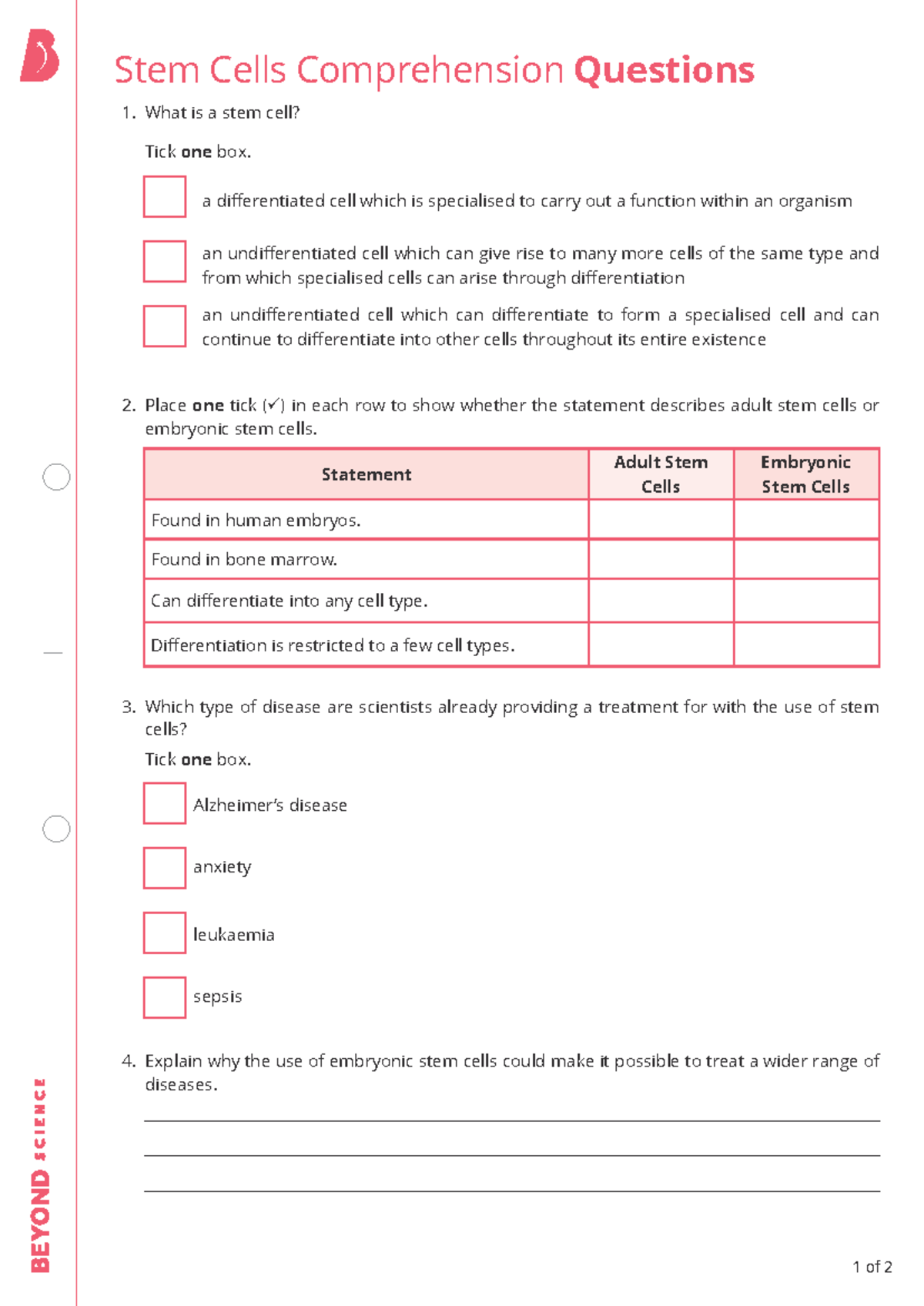 Stem Cells Comprehension Questions & Answers (Support) - Studocu