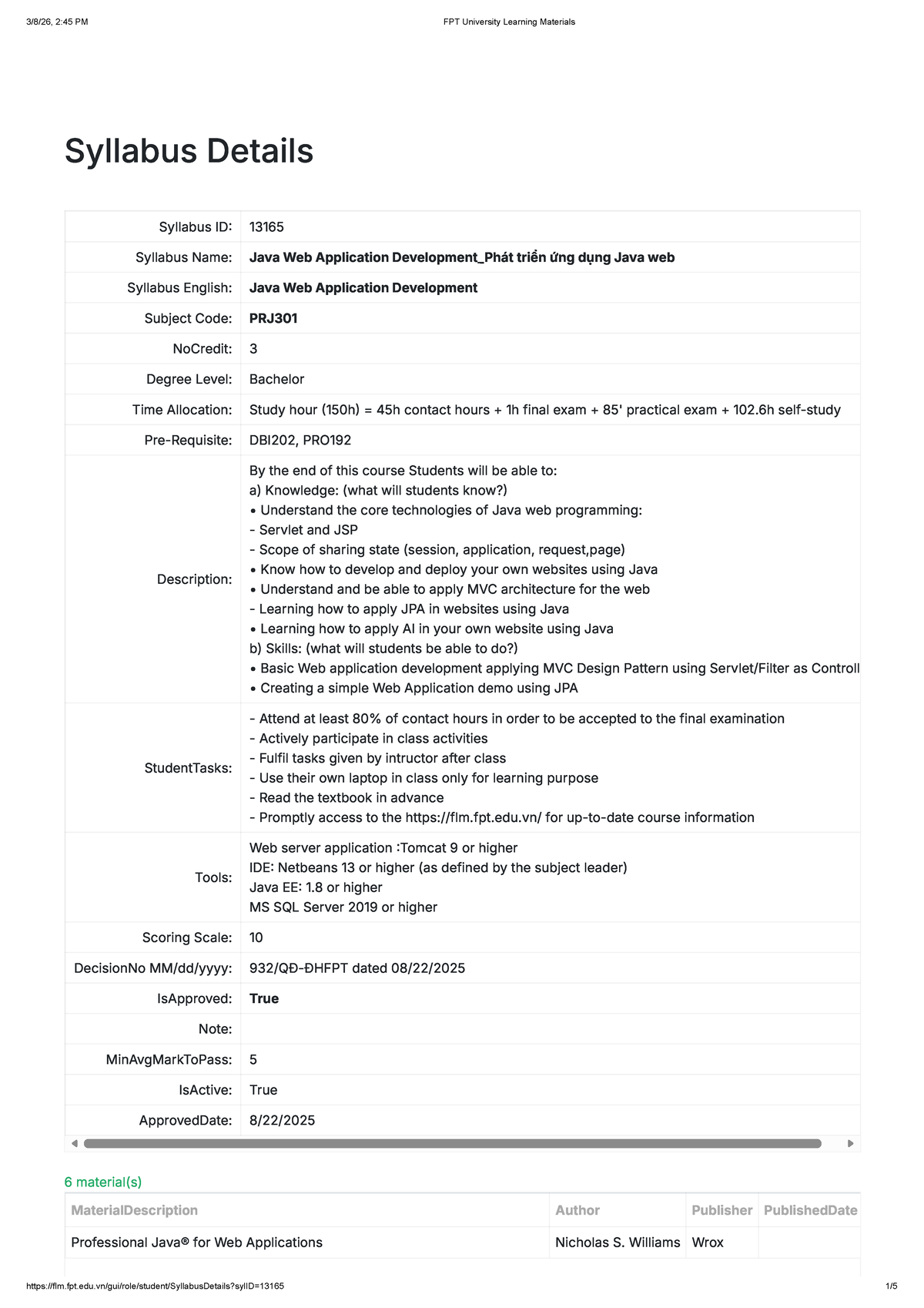 Java Web Application Development Syllabus PRJ301 - FPT University - Studocu