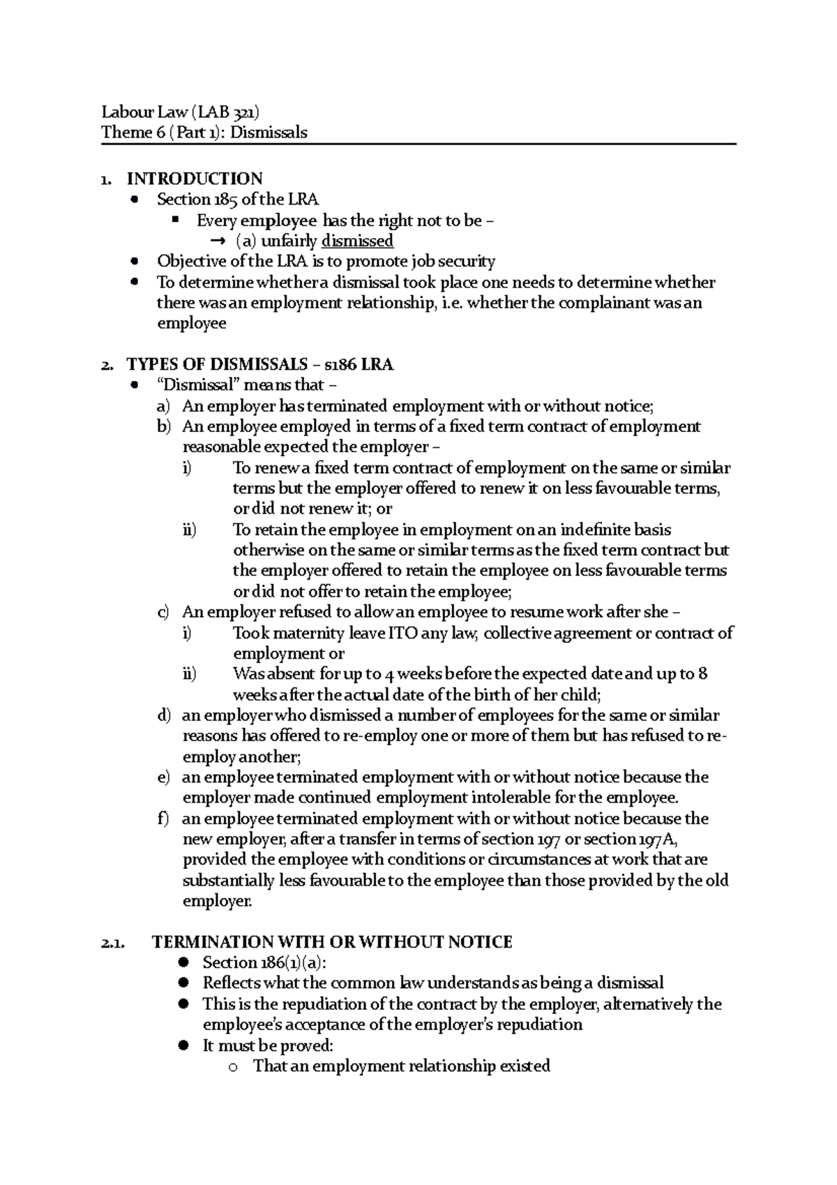 Labour Law (LAB 321) Theme 6: Dismissals and Fair Reasons - Studocu
