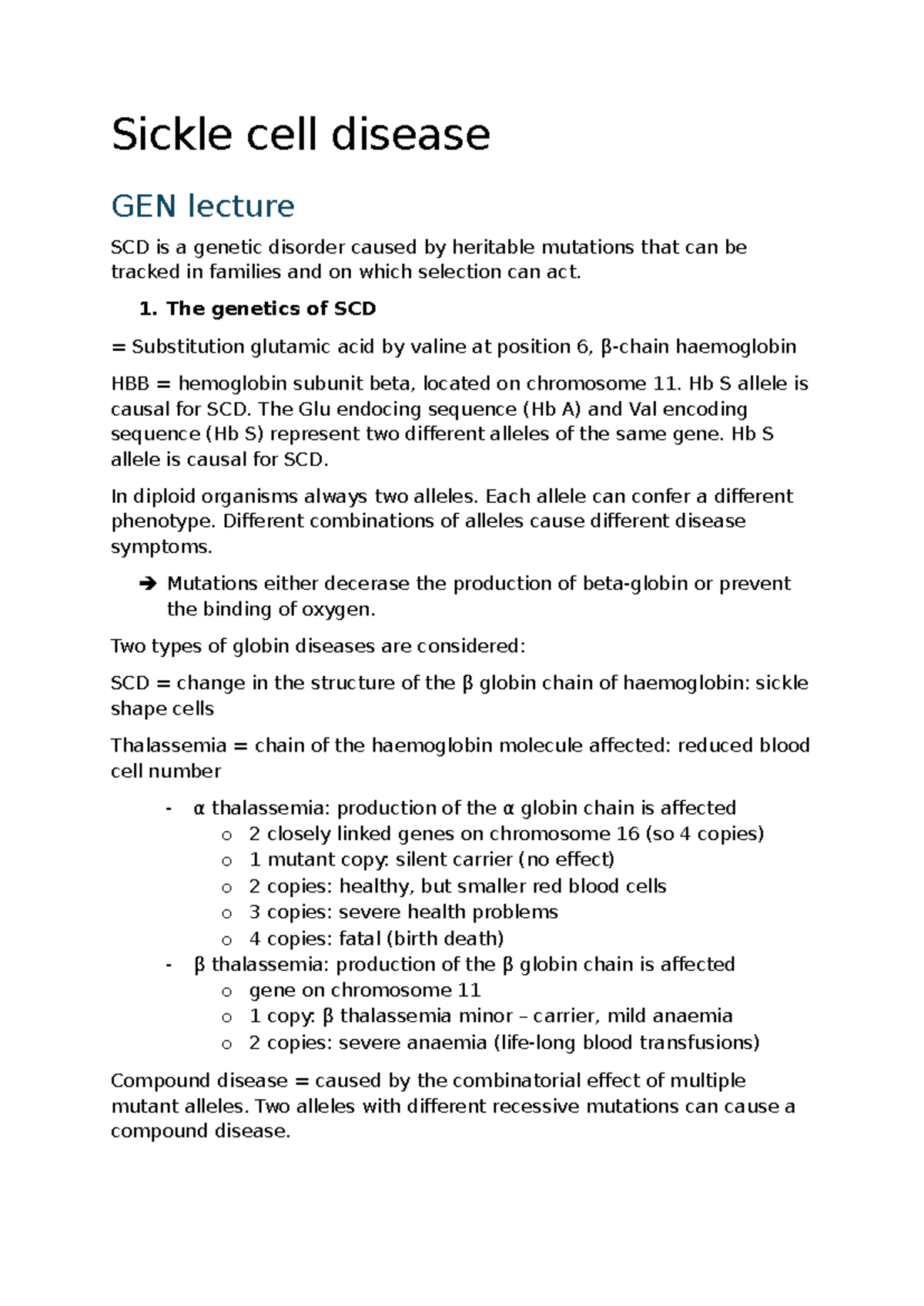 Samenvatting Sickle Cell Disease GEN Lecture Notes - Studeersnel