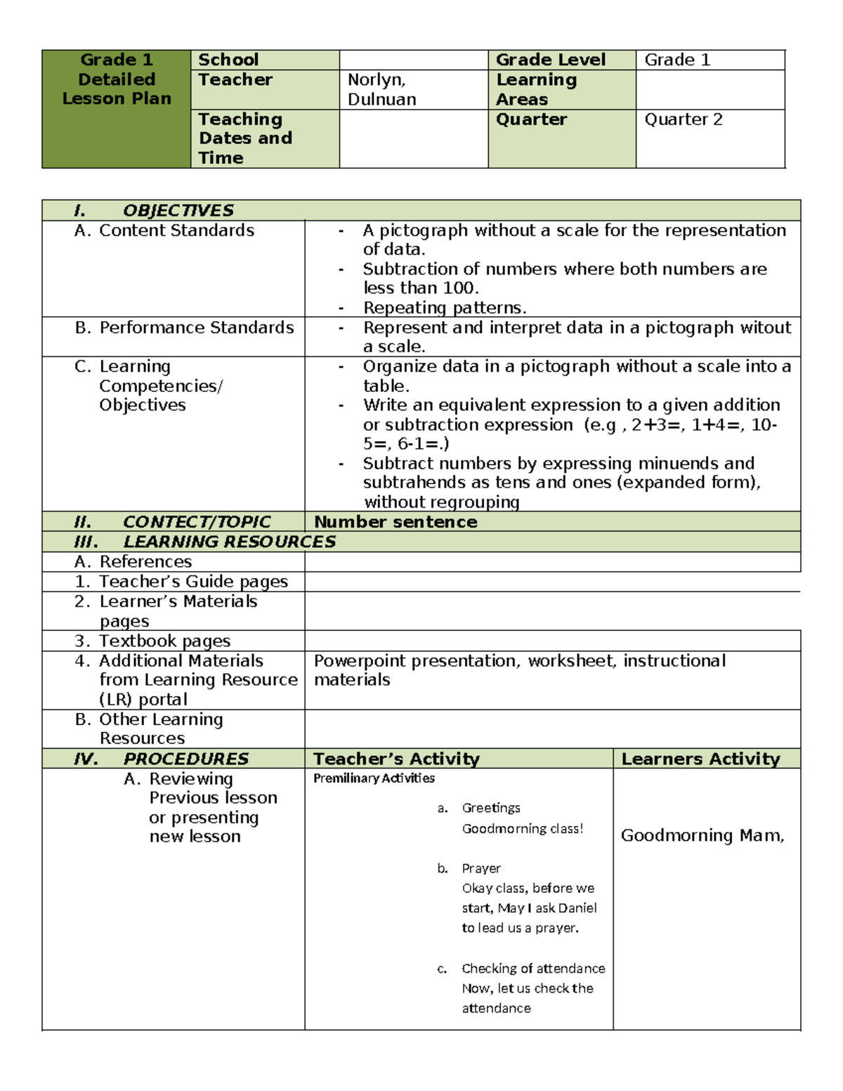 Grade 1 Math Lesson Plan: Pictographs & Properties of Addition - Studocu