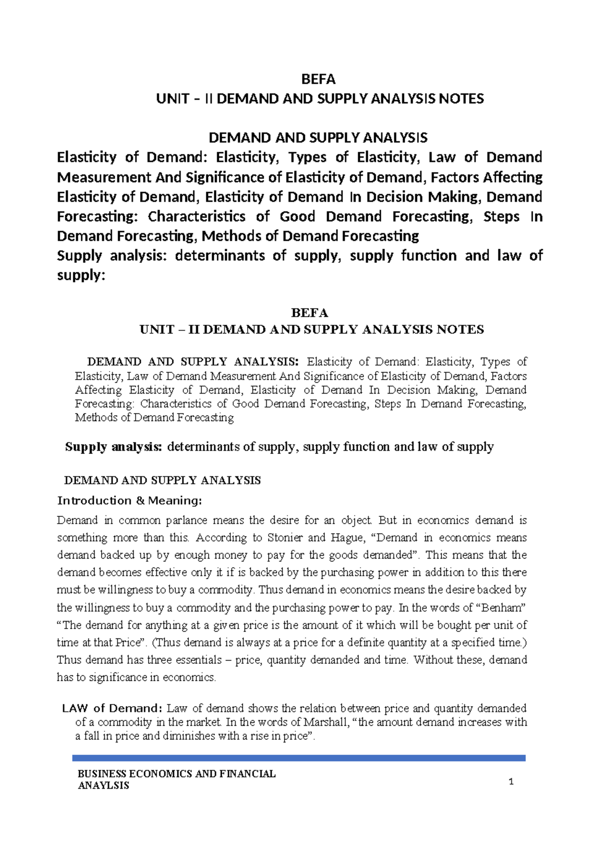 BEFA UNIT II DEMAND AND SUPPLY ANALYSIS: Elasticity, Forecasting, and ...