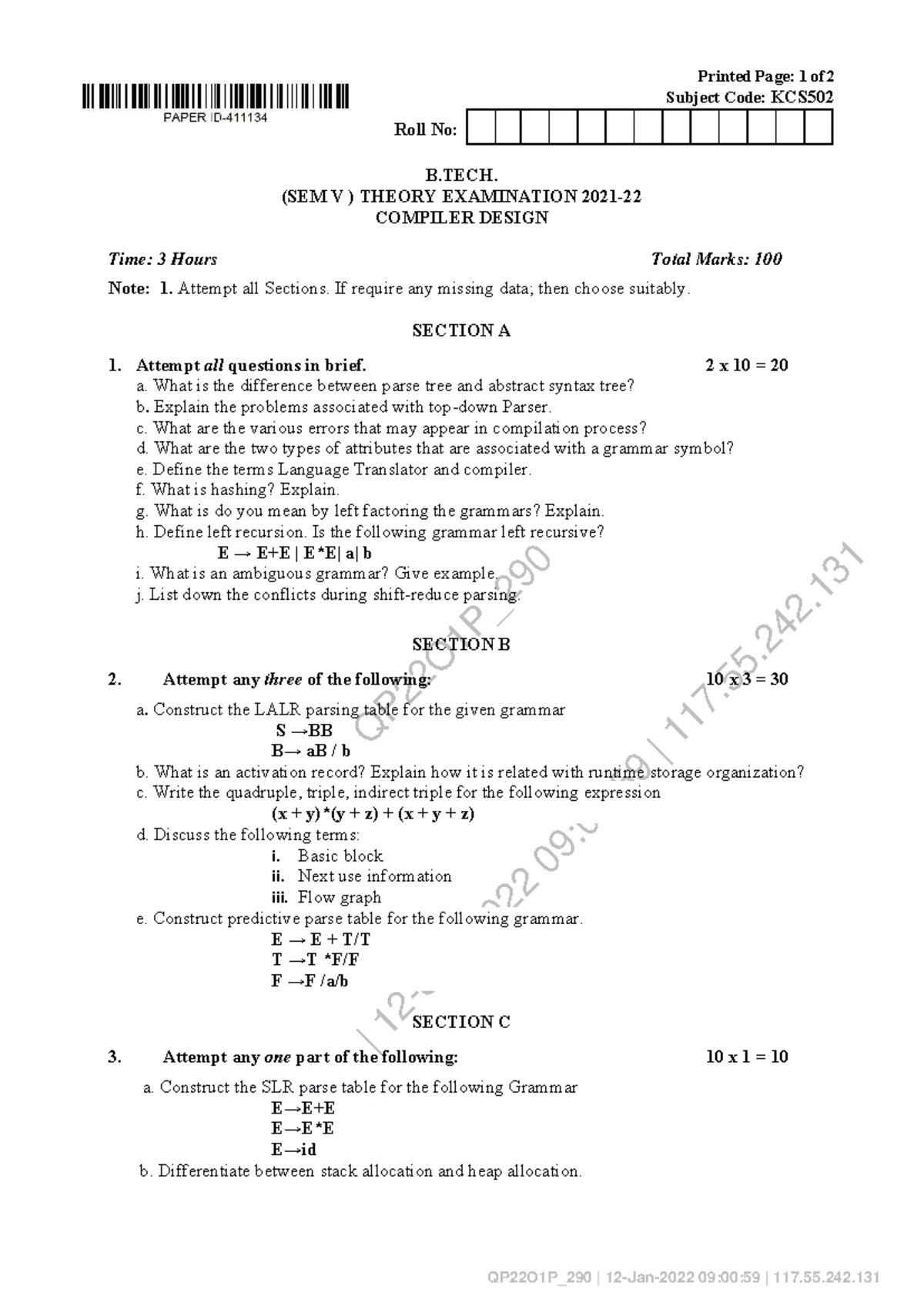KCS502 - Compiler Design Theory Exam Notes for BTECH SEM V - Studocu