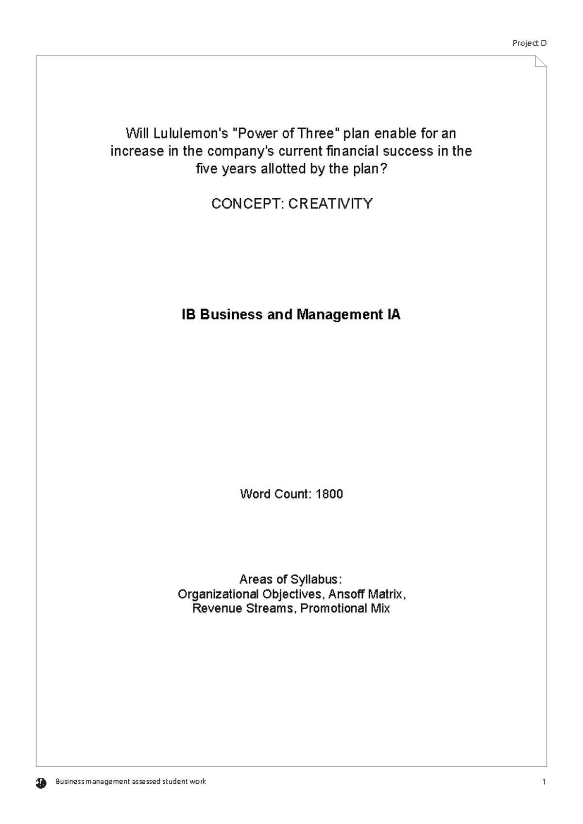 IA project D en - This is an exemplar by IB IA for business management ...