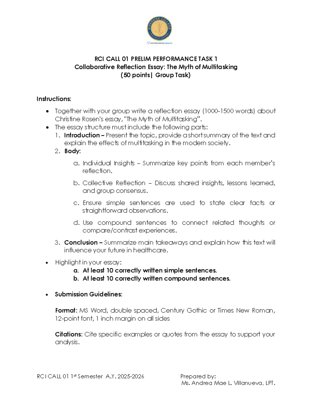 RCI CALL 01 Prelim PT1 - Collaborative Reflection on Multitasking - Studocu