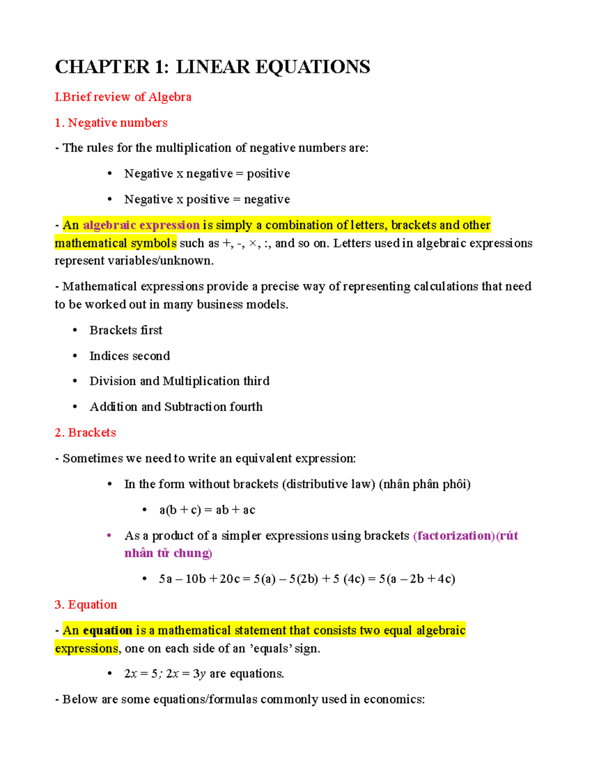 CHAPTER 1: LINEAR EQUATIONS & FUNCTIONS - Summary Notes - Studocu