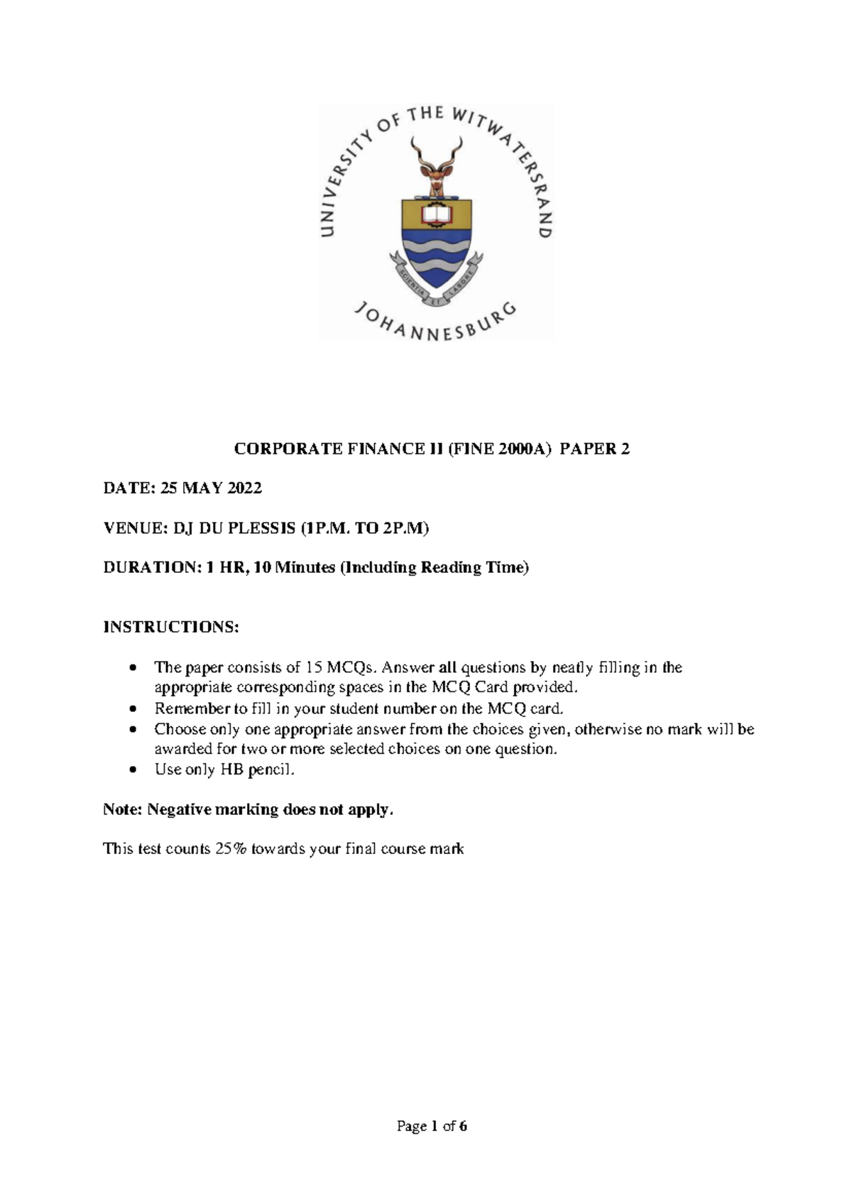 FINE 2000A Final Test II - MCQs - 25 May 2022 - Studocu